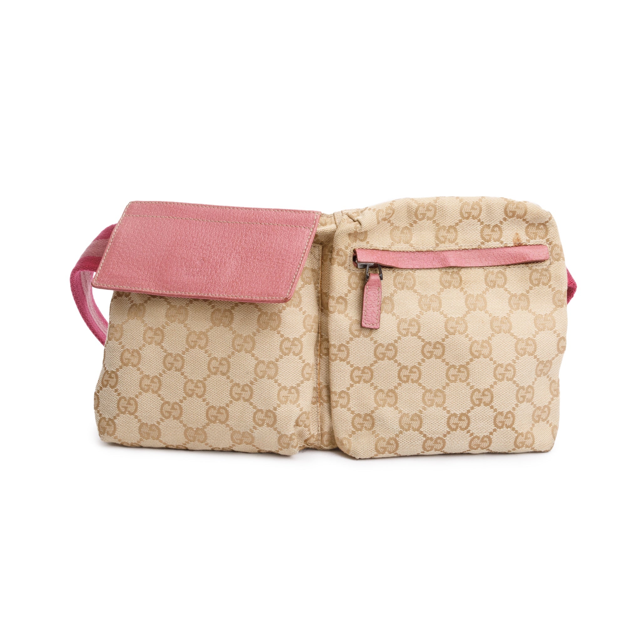 Gucci GG Canvas Pink Leather Trim Double Pocket Belt Bag