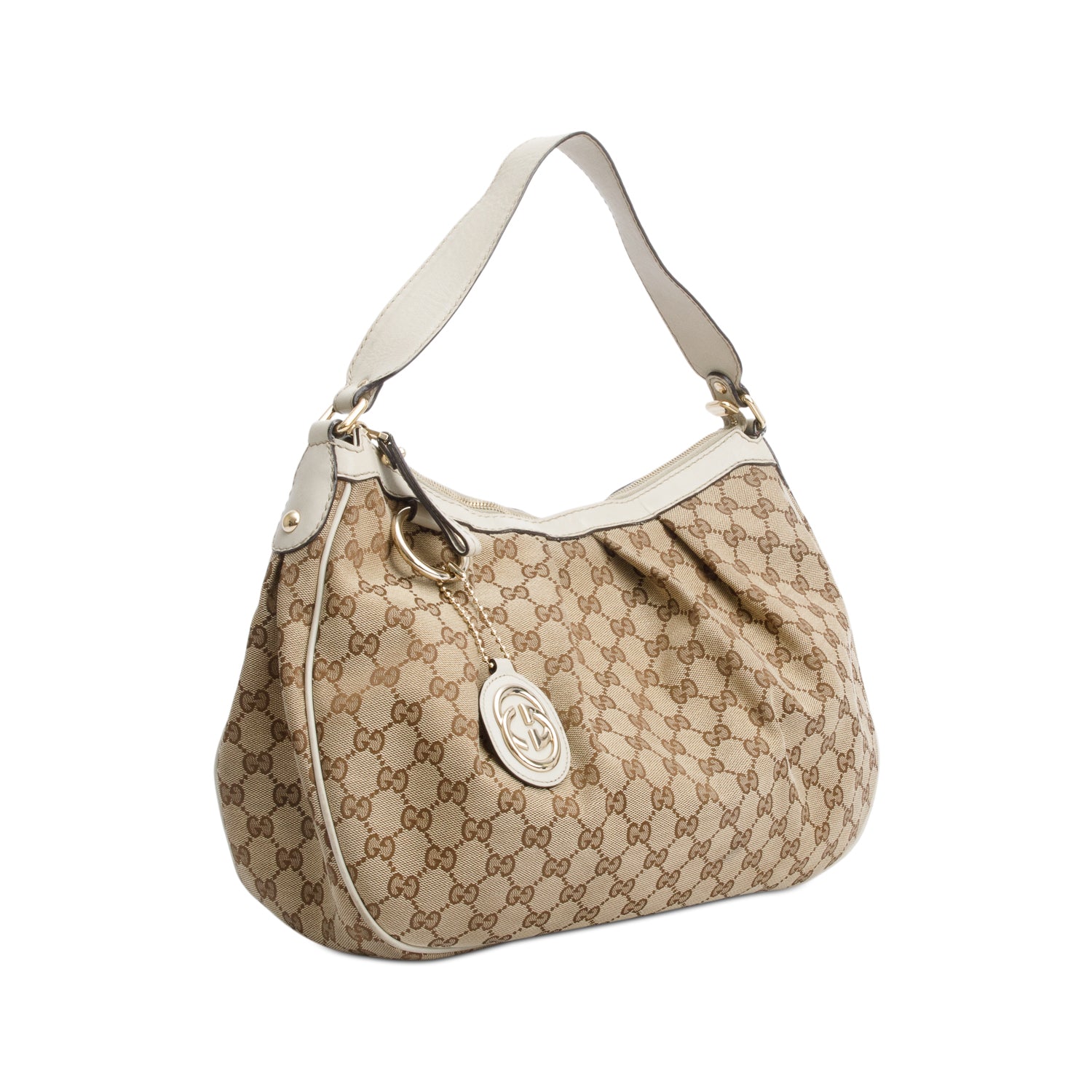 Gucci GG Canvas White Leather Trim Medium Sukey Hobo