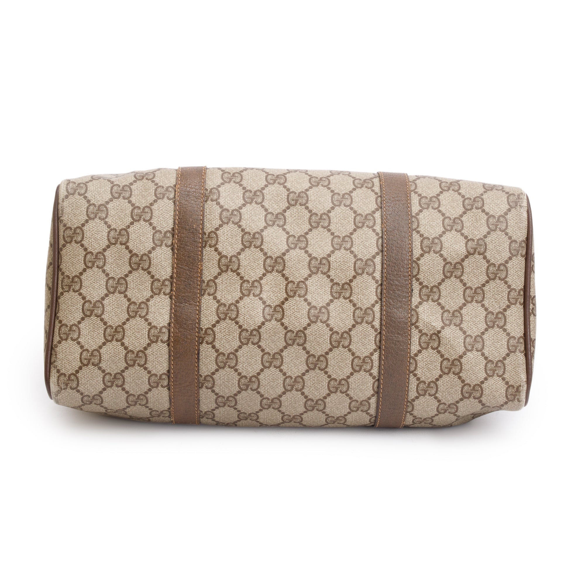 Gucci GG Plus Brown Leather Trim Web Boston Bag