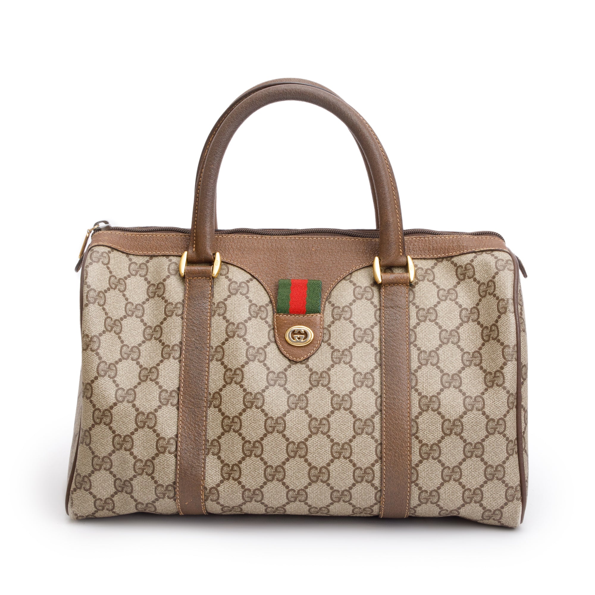 Gucci GG Plus Brown Leather Trim Web Boston Bag