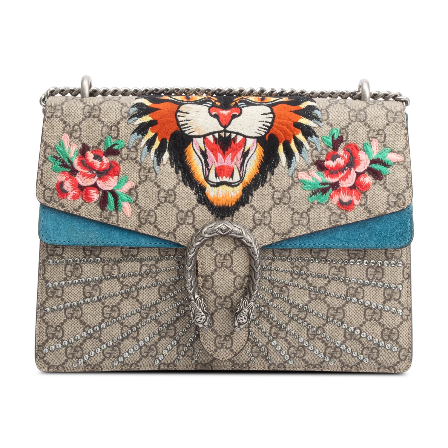 Gucci GG Supreme Angry Cat Embroidered Crystal Embellished Dionysus Medium Shoulder Bag
