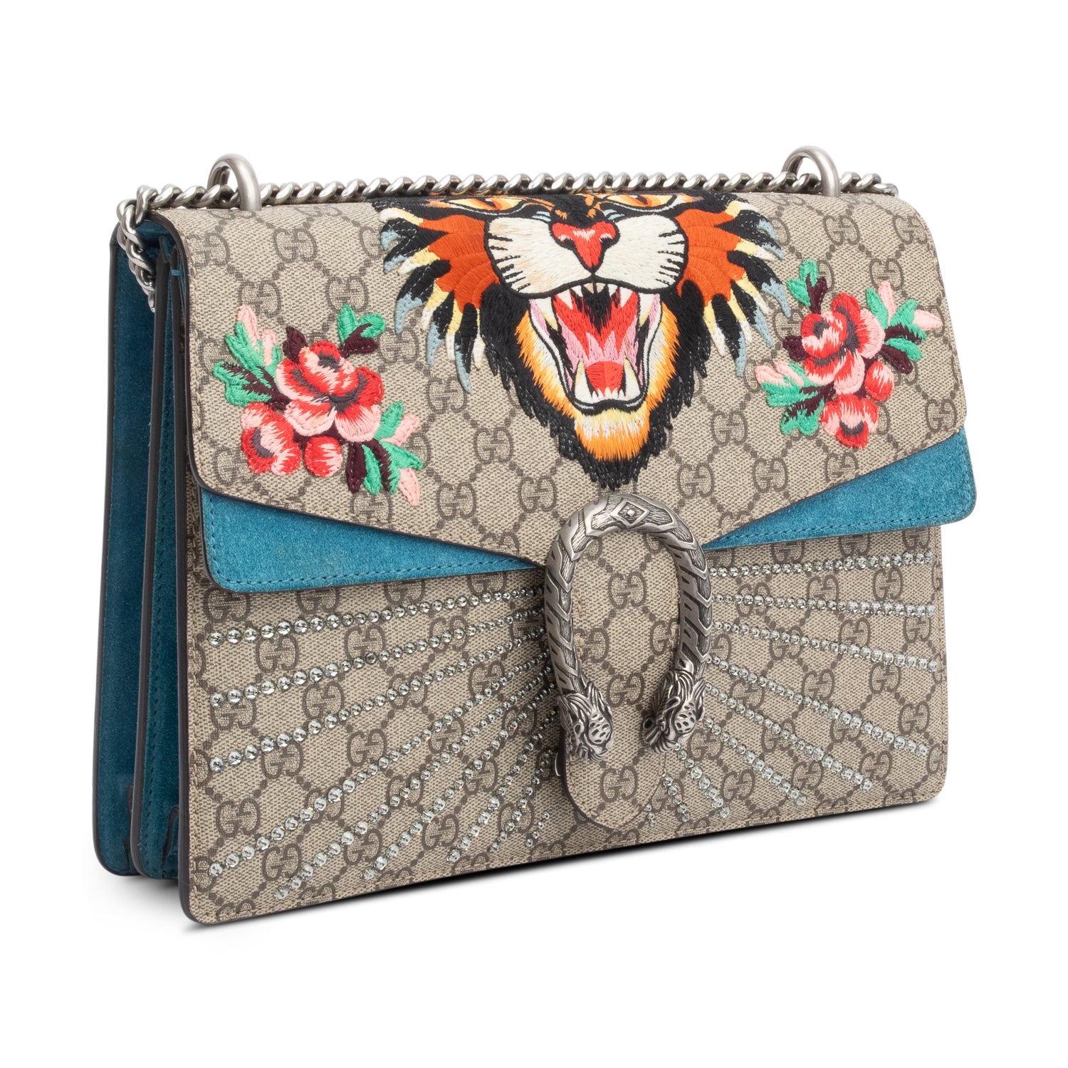 Gucci GG Supreme Angry Cat Embroidered Crystal Embellished Dionysus Medium Shoulder Bag