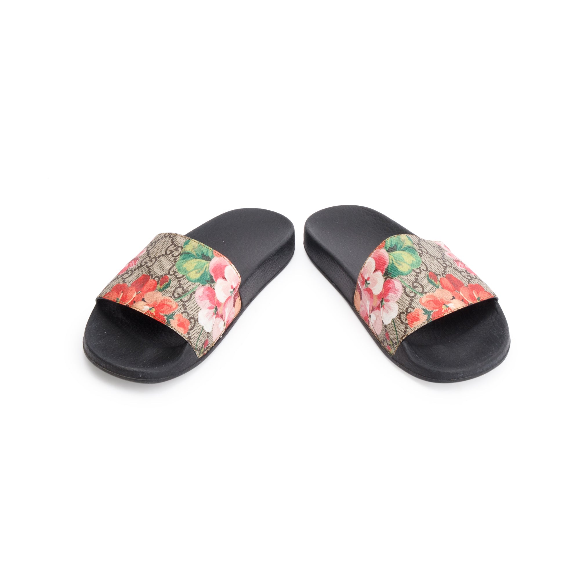 Gucci GG Supreme Blooms Canvas Black Rubber Slide Sandals, Size 37 w/ Box