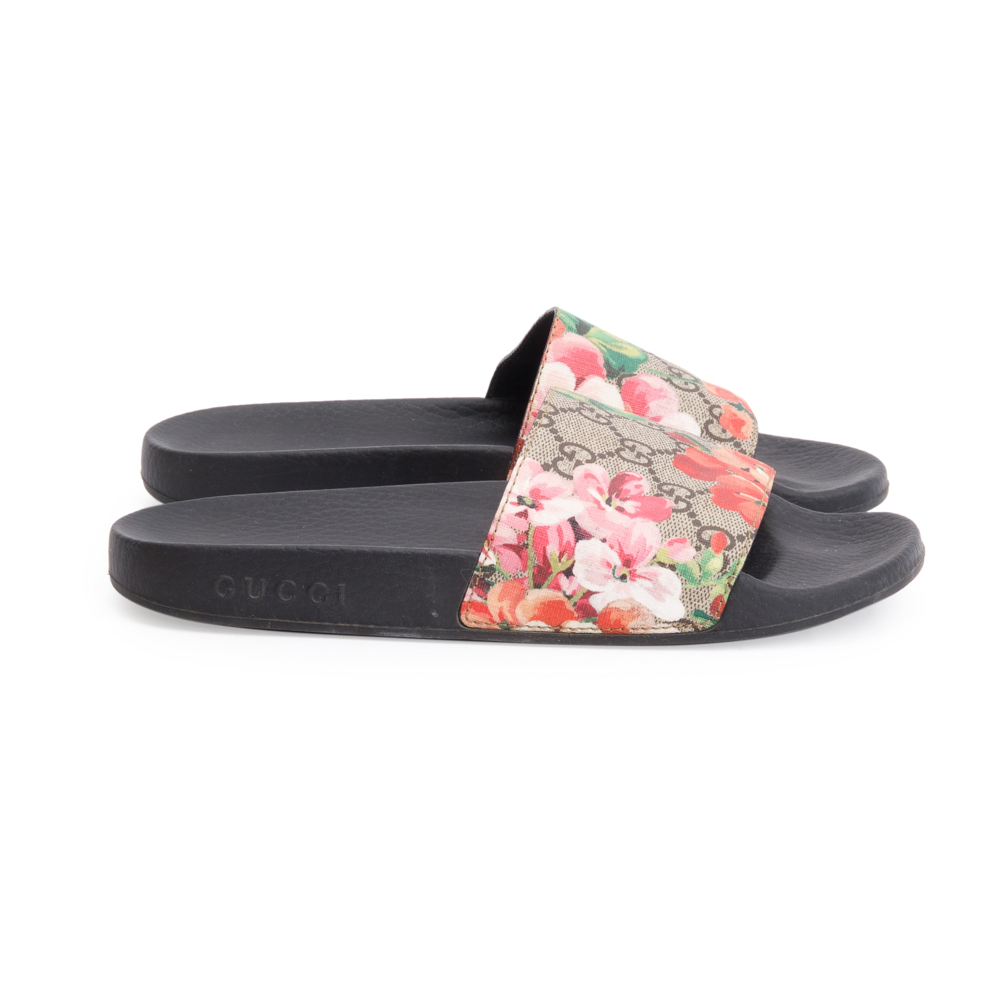 Gucci GG Supreme Blooms Canvas Black Rubber Slide Sandals, Size 37 w/ Box