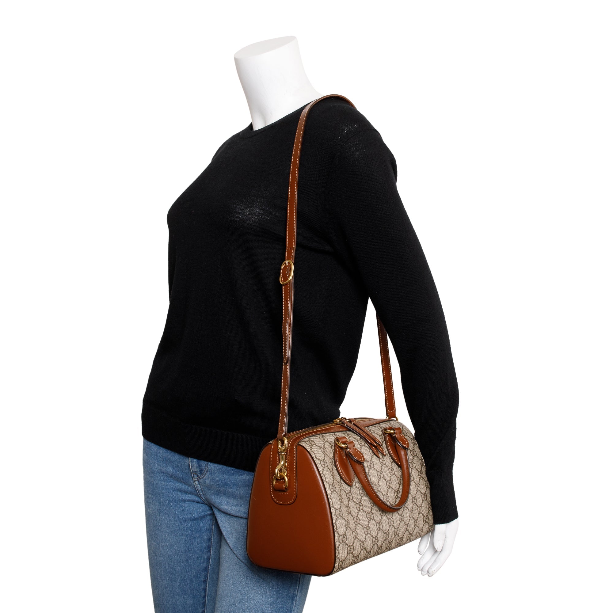 Gucci GG Supreme Brown Leather Small Boston Bag w/ Strap