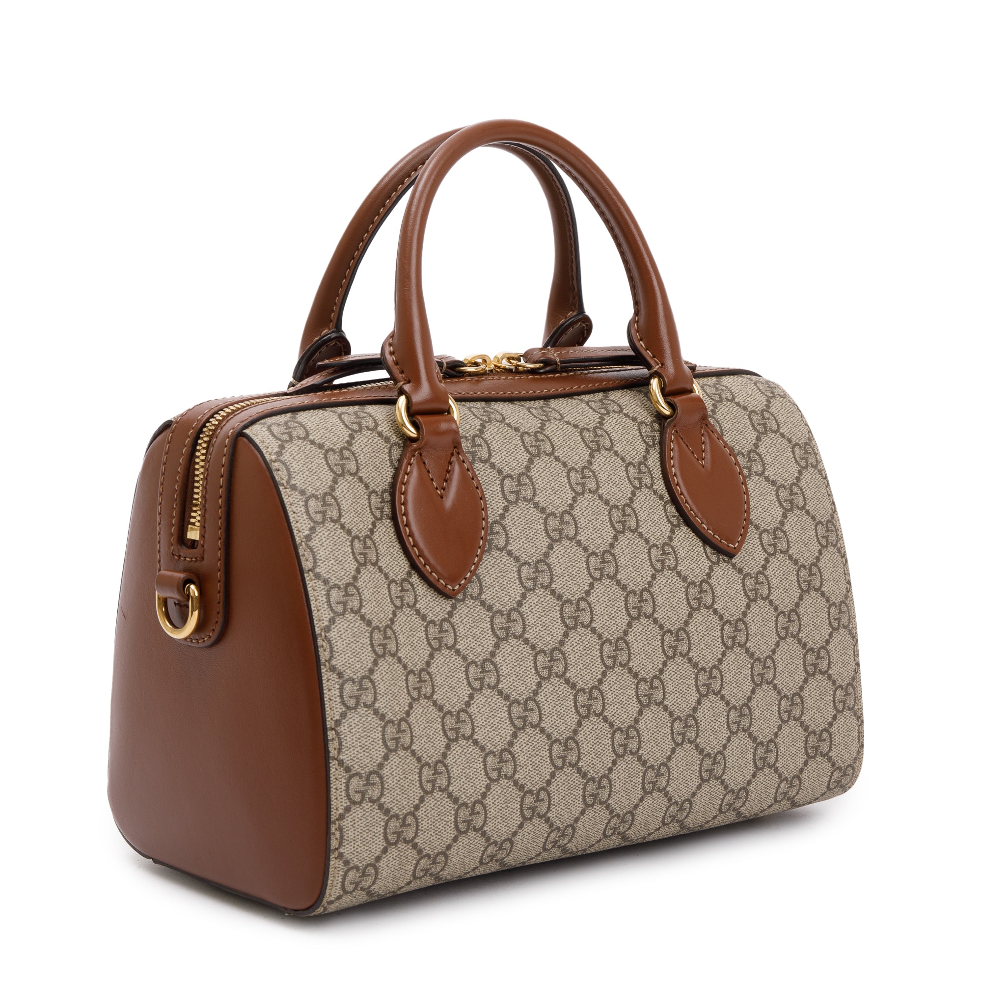 Gucci GG Supreme Brown Leather Small Boston Bag w/ Strap