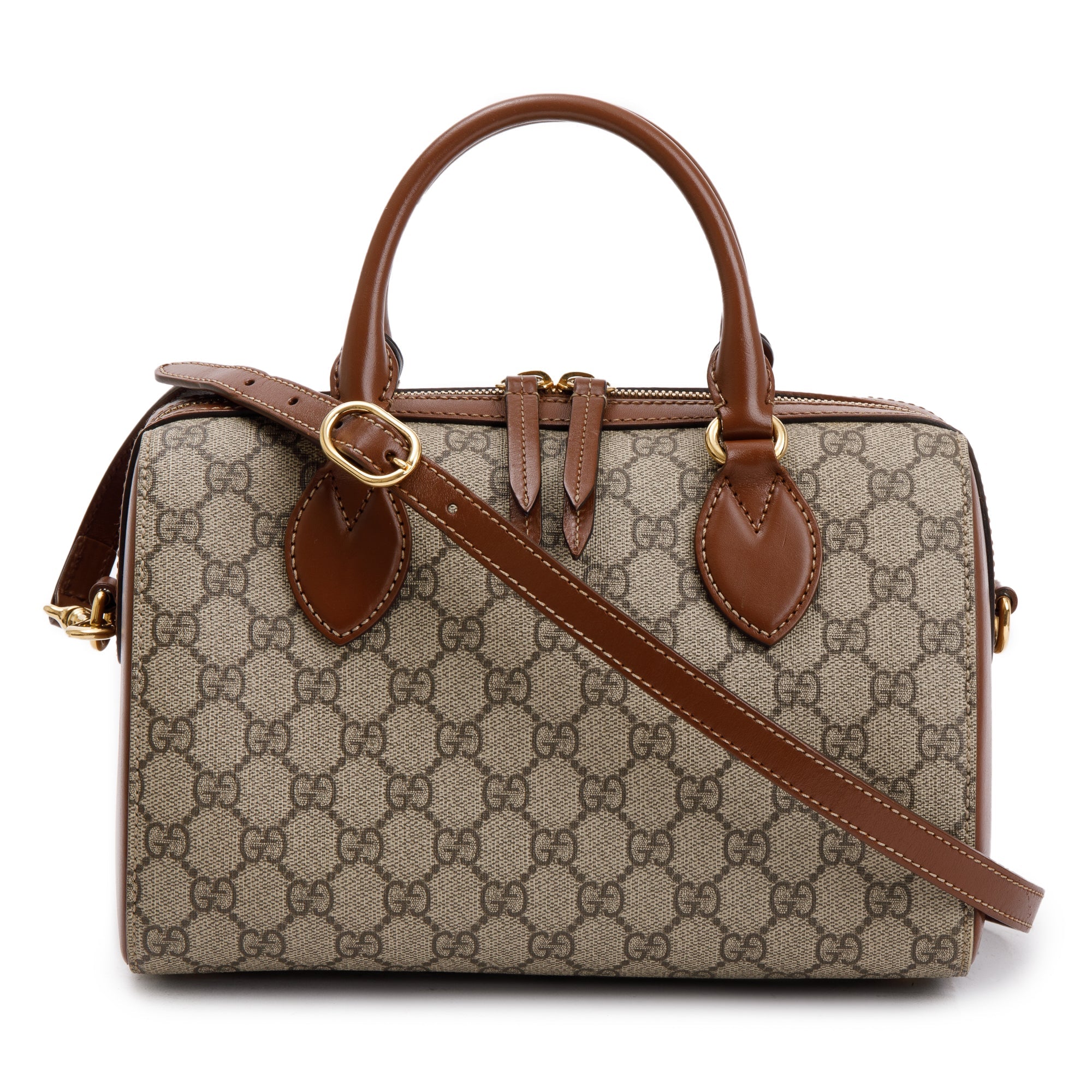 Gucci GG Supreme Brown Leather Small Boston Bag w/ Strap