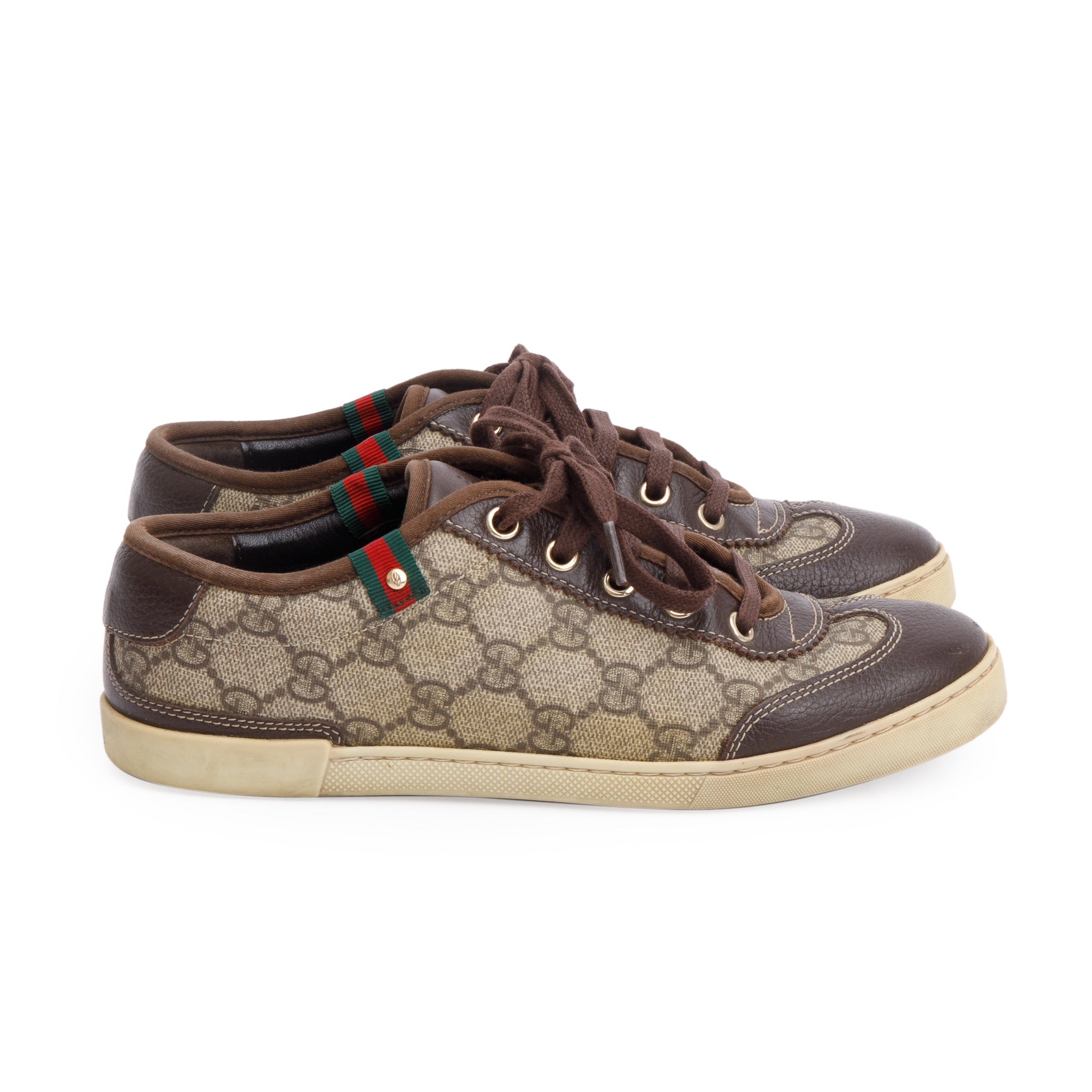 Gucci GG Supreme Brown Leather Trim Web Low Top Sneakers, Size 36