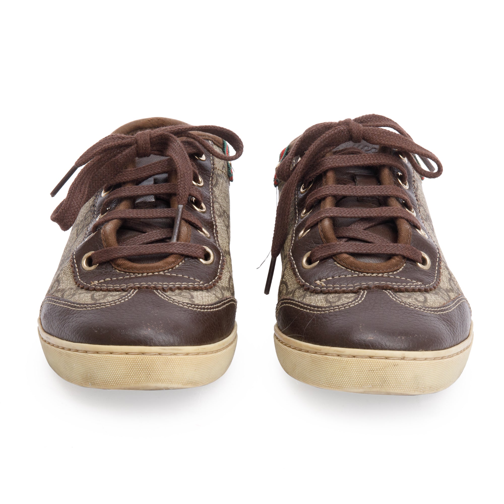 Gucci GG Supreme Brown Leather Trim Web Low Top Sneakers, Size 36