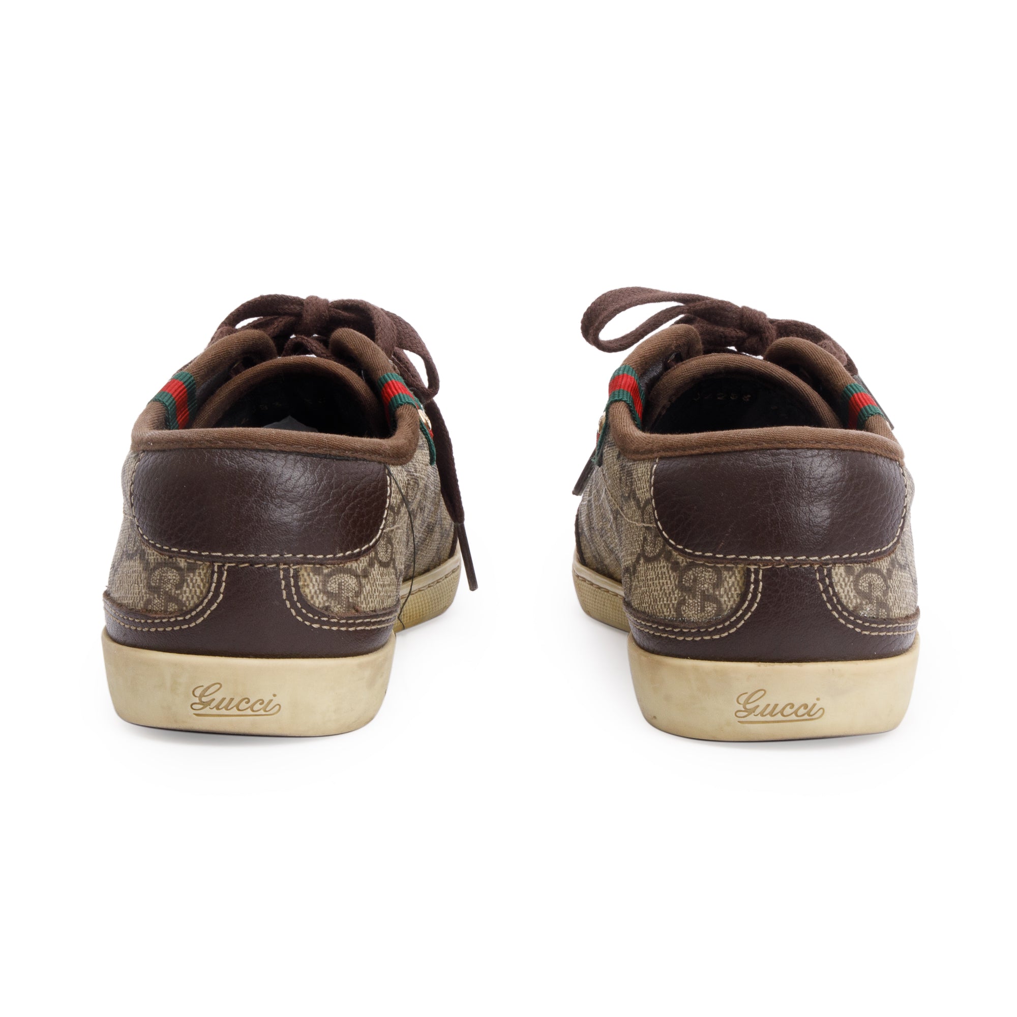 Gucci GG Supreme Brown Leather Trim Web Low Top Sneakers, Size 36