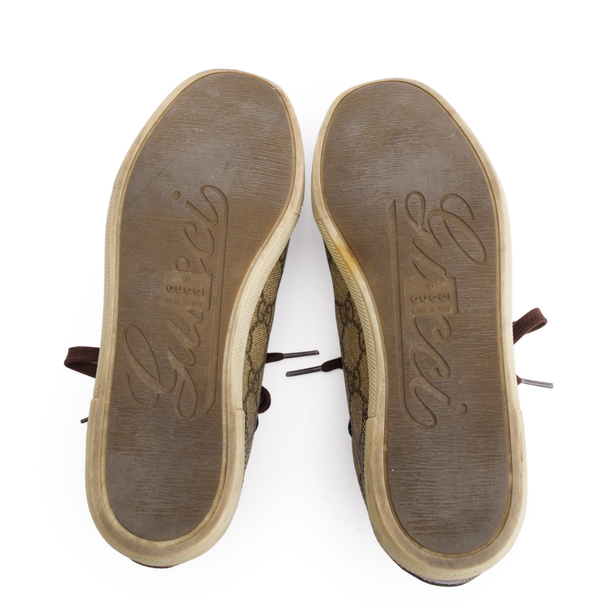 Gucci GG Supreme Brown Leather Trim Web Low Top Sneakers, Size 36