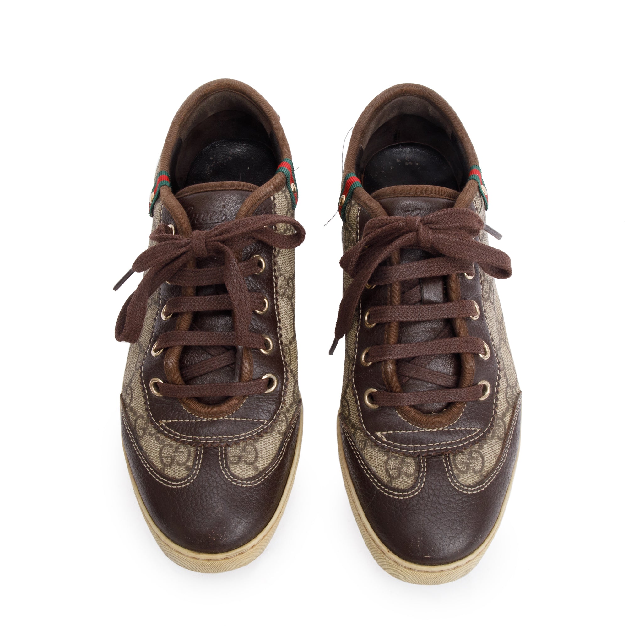 Gucci GG Supreme Brown Leather Trim Web Low Top Sneakers, Size 36