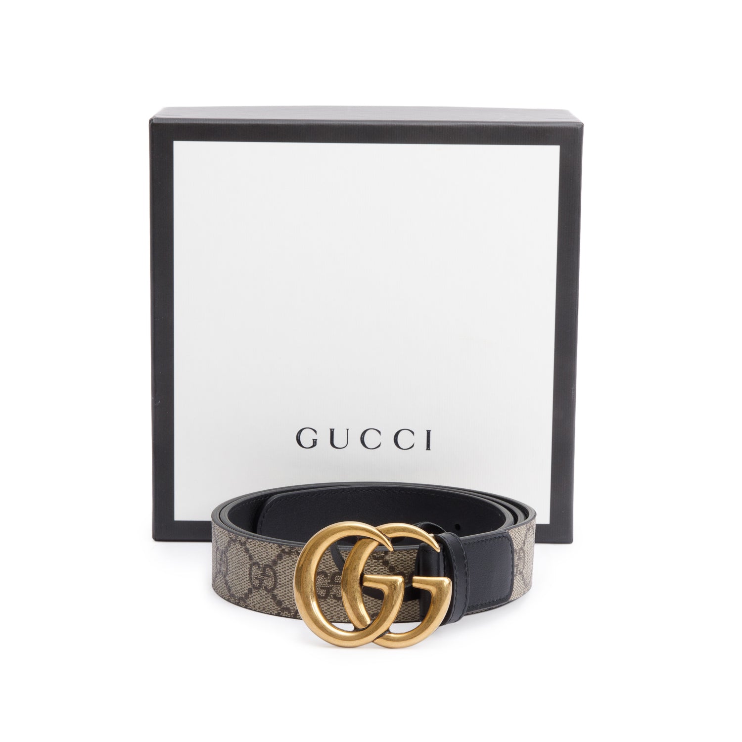 Gucci GG Supreme Canvas Black Calfskin Leather GG Marmont Belt 95 38 w/ Box