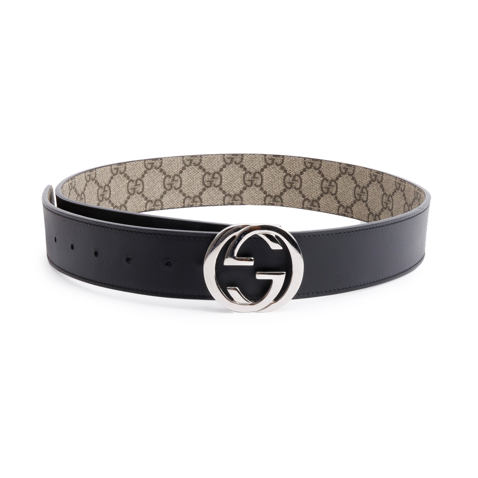 Gucci GG Supreme Canvas Black Calfskin Leather Interlocking Gt Reversible Belt 90 36