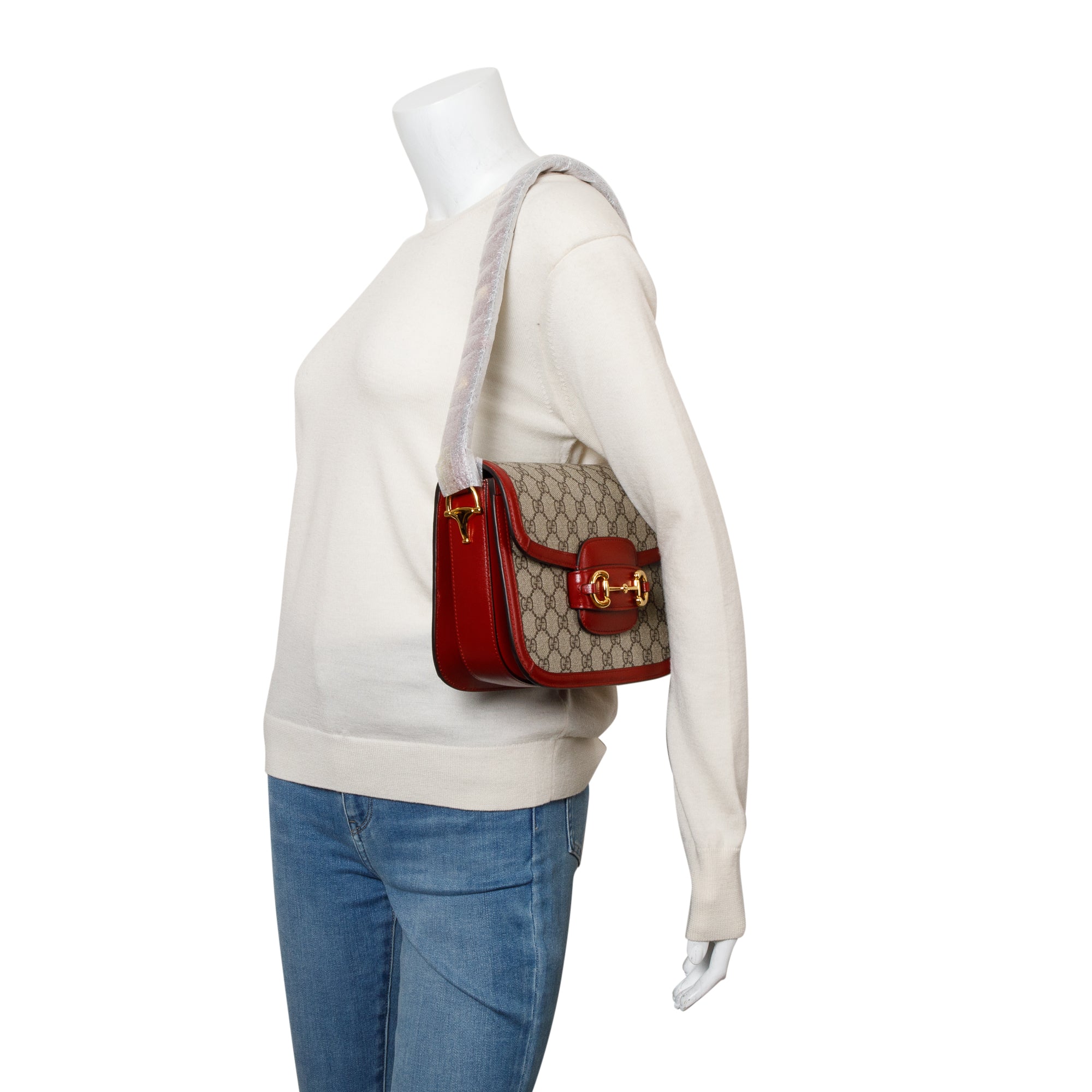 Gucci GG Supreme Canvas Red Leather Trim Horsebit 1955 Small Shoulder Bag