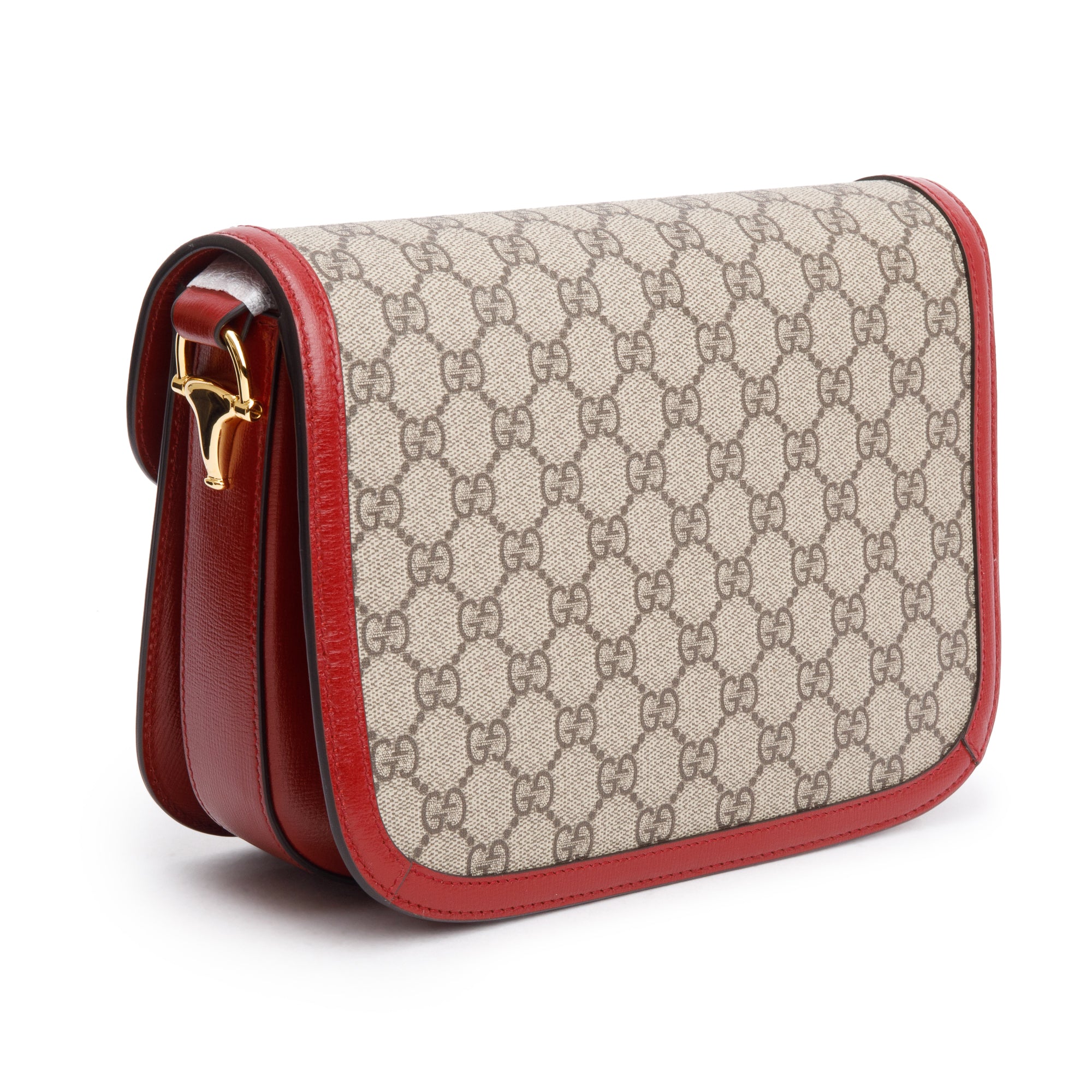 Gucci GG Supreme Canvas Red Leather Trim Horsebit 1955 Small Shoulder Bag
