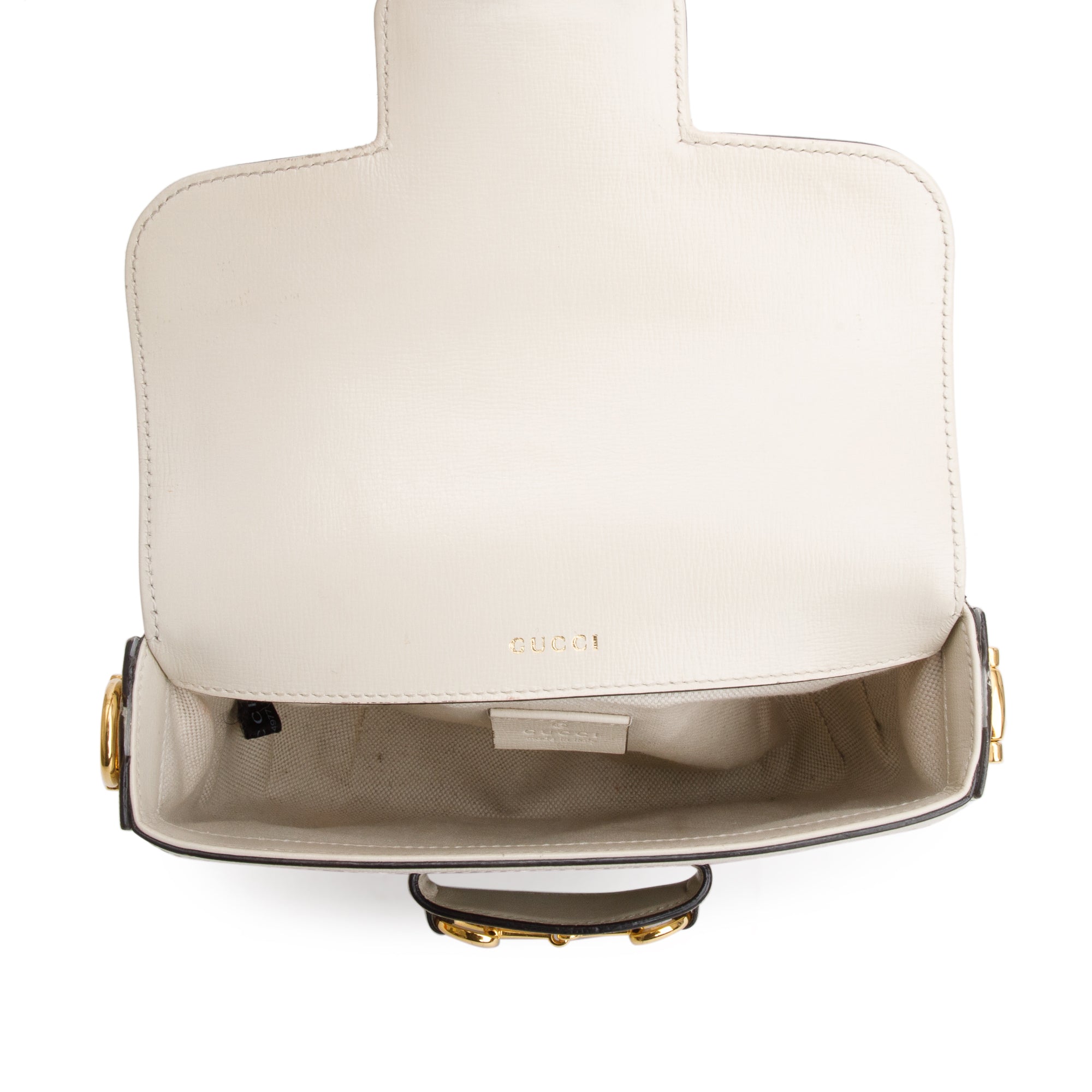 Gucci GG Supreme Canvas White Leather Trim Web Mini Horsebit 1955 Shoulder Bag w/ Box, Receipt & Straps