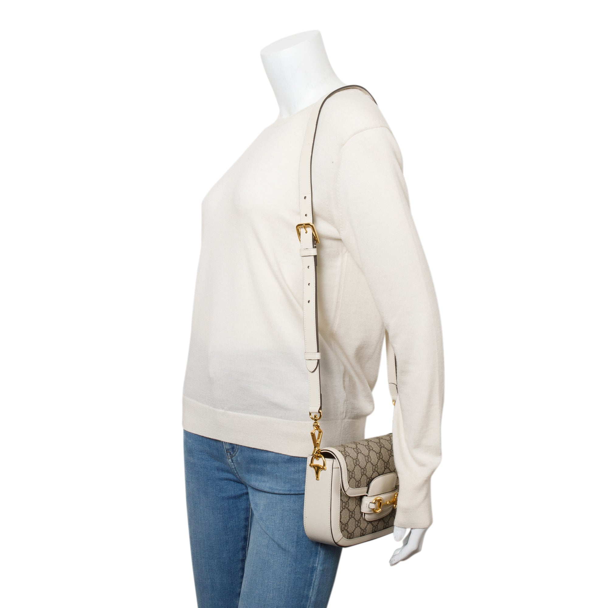 Gucci GG Supreme Canvas White Leather Trim Web Mini Horsebit 1955 Shoulder Bag w/ Box, Receipt & Straps