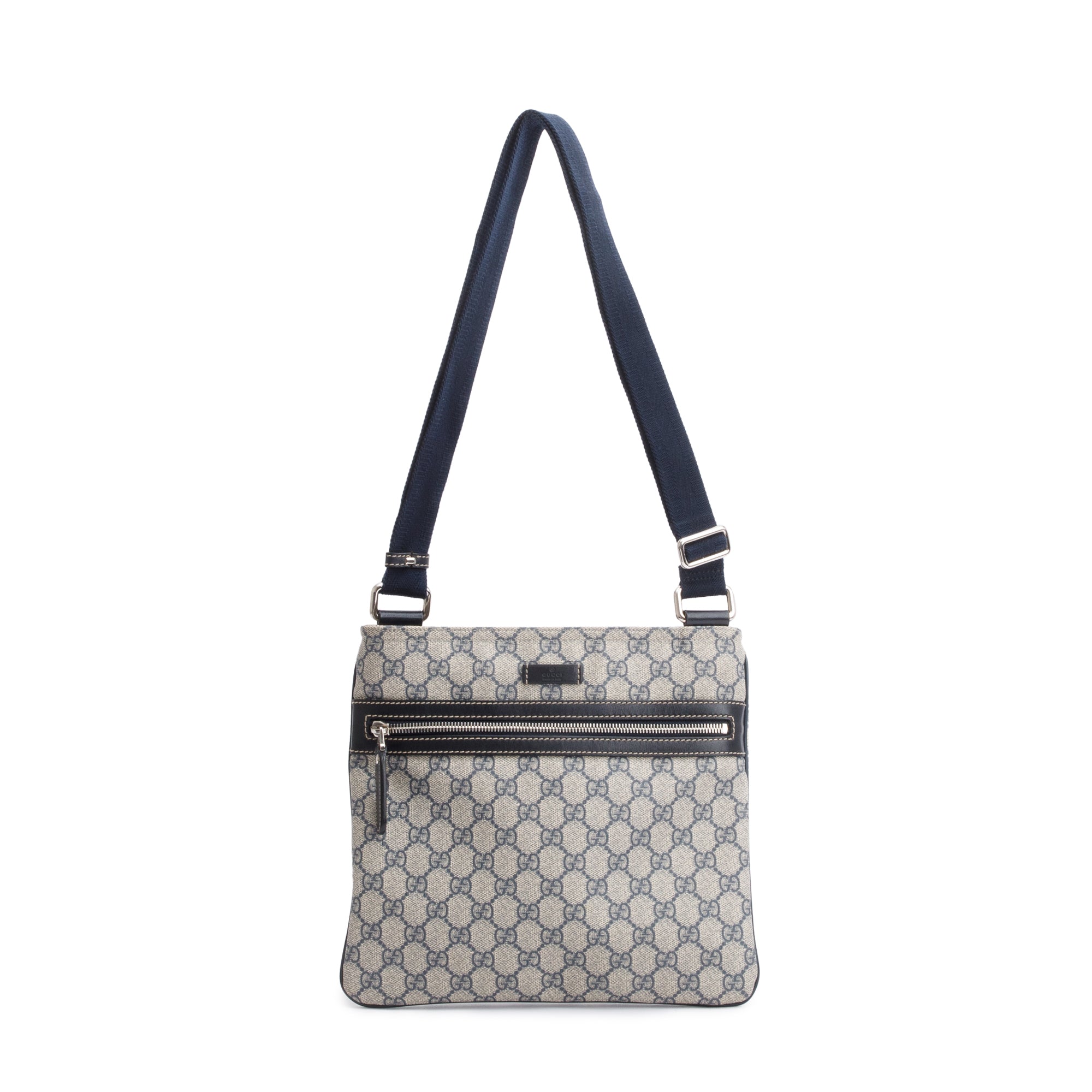 Gucci GG Supreme Navy Trim Front Zip Flat Messenger Bag
