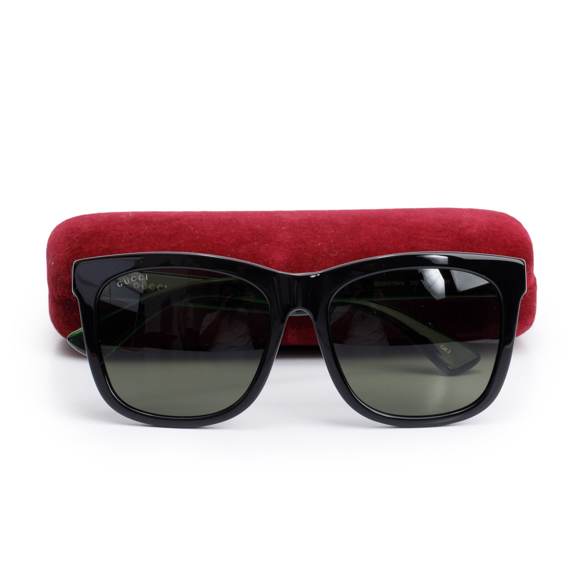 Gucci GG0057SKN Black Green, Red Web Acetate Square Sunglasses w/ Case