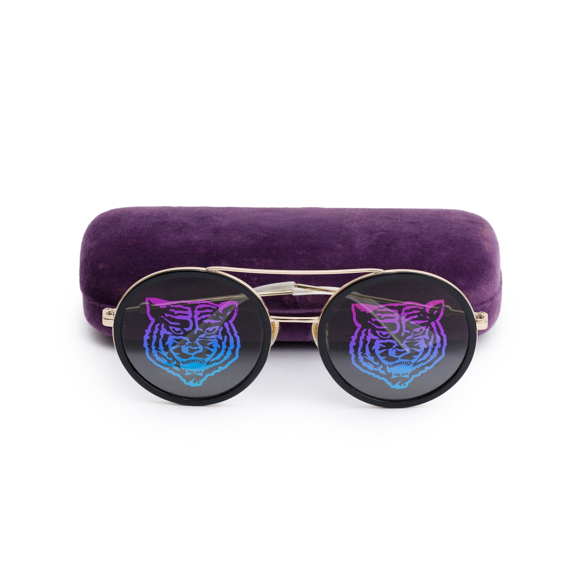 Gucci GG0061S Black Acetate Interlocking G Tiger Print Round Sunglasses w/ Case