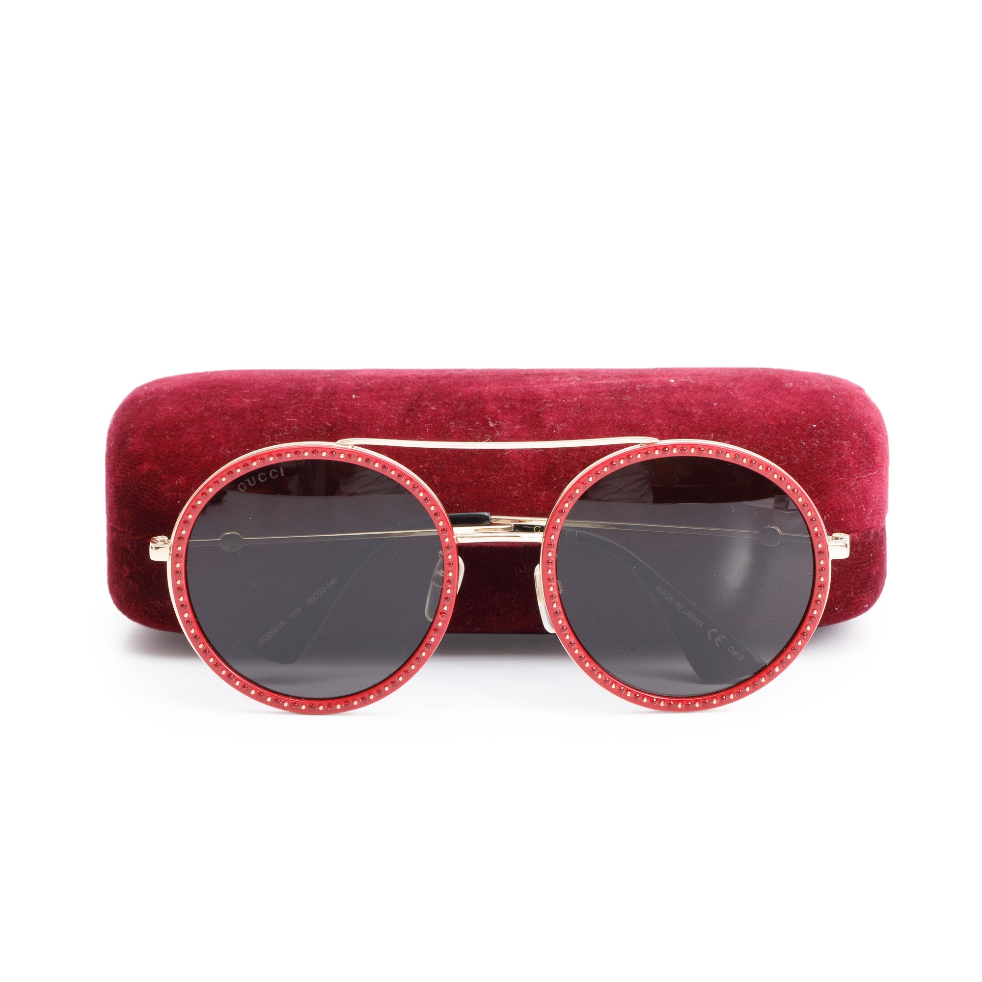 Gucci GG0061S Red Metal Round Frame Glitter Sunglasses w/ Case