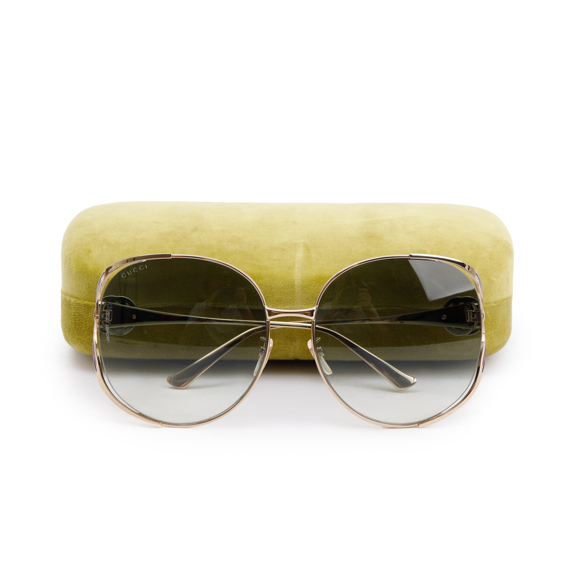 Gucci GG0225S Gold Tone Metal Interlocking GG Web Oversize Sunglasses w/ Case