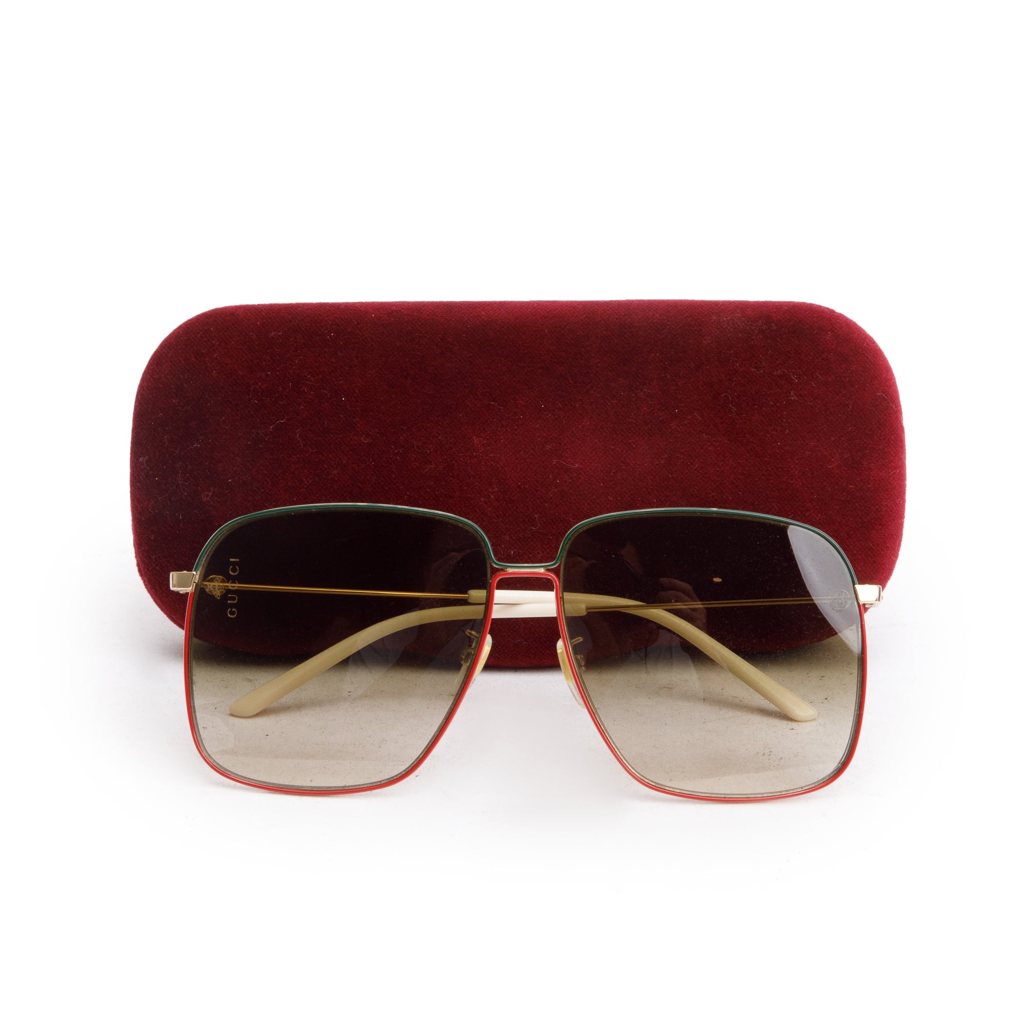 Gucci GG0394S Gold Tone Web White Acetate Oversize Square Sunglasses w/ Case
