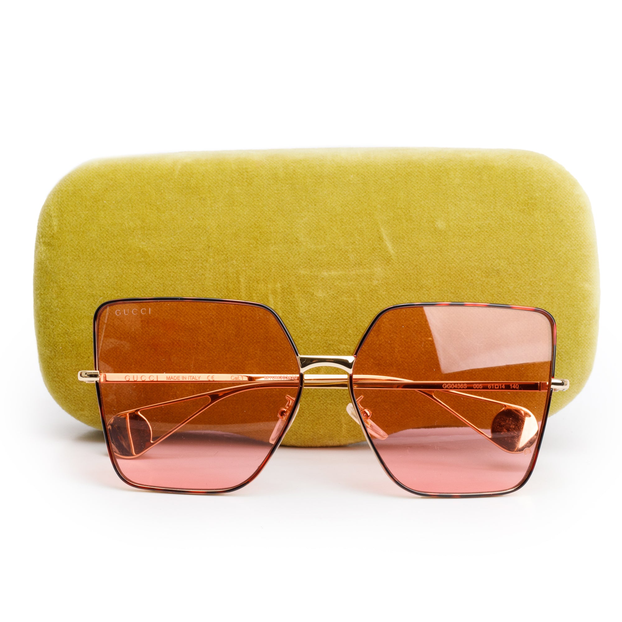 Gucci GG0436S Gold-Tone Metal Square Frame Pink Lenses Sunglasses w/ Case