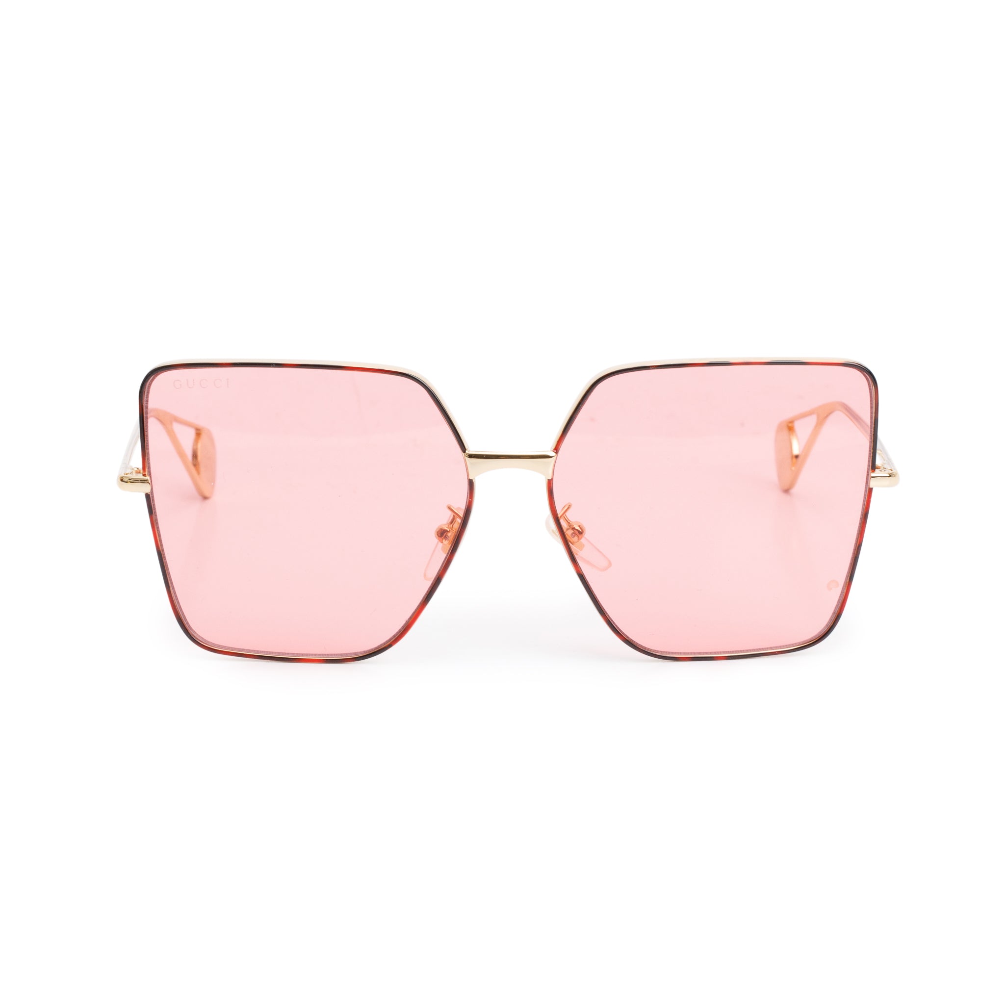 Gucci GG0436S Gold-Tone Metal Square Frame Pink Lenses Sunglasses w/ Case