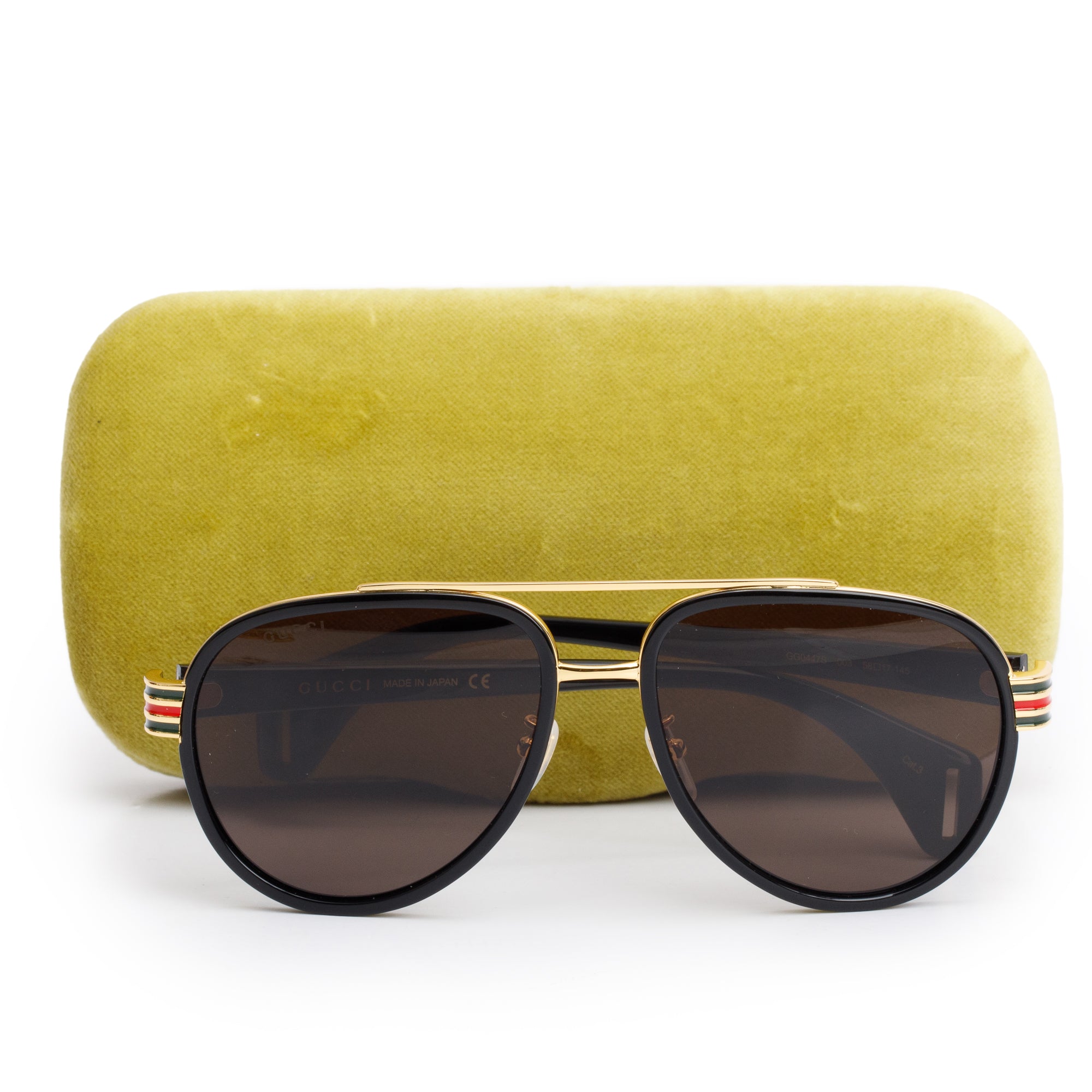 Gucci GG0447S Black Acetate Gold-Tone Metal Web Aviator Sunglasses w/ Case