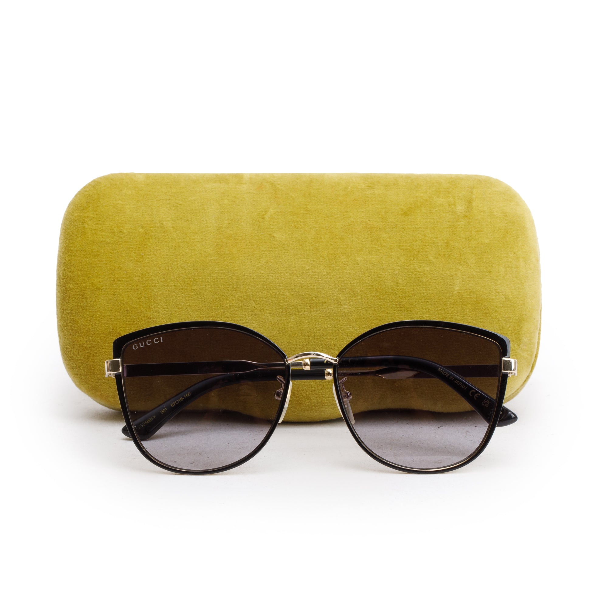 Gucci GG0589SK Gold Tone Web Black Acetate Cat-Eye Sunglasses w/ Case