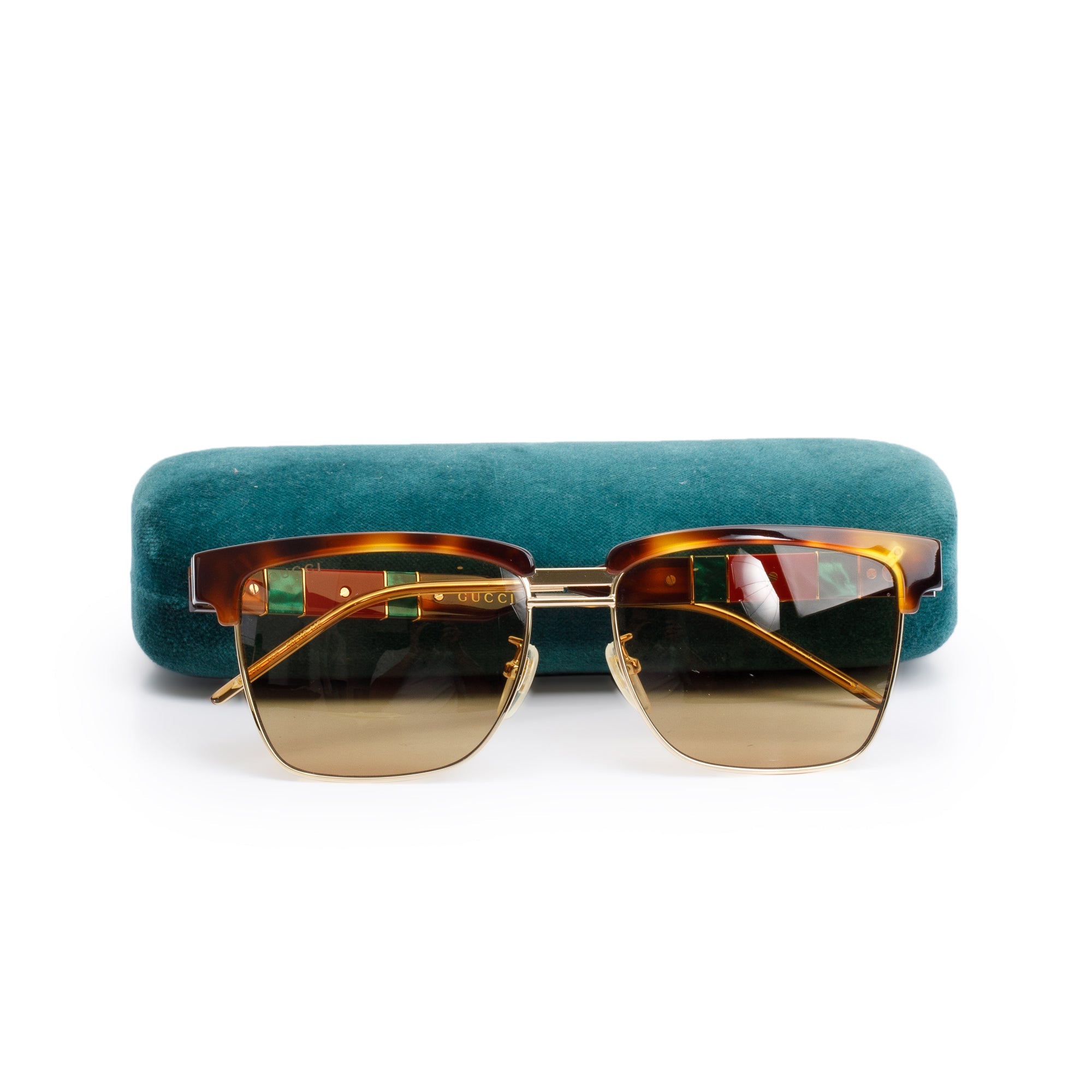 Gucci GG0603S Havana Green, Red Web Acetate Square Sunglasses w/ Case