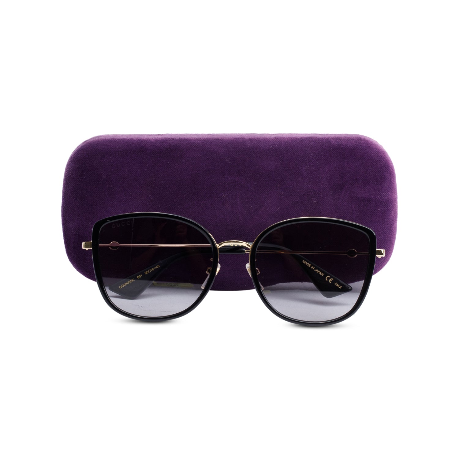 Gucci GG0606SK Gold Tone Black Acetate Cat-Eye Sunglasses w/ Case