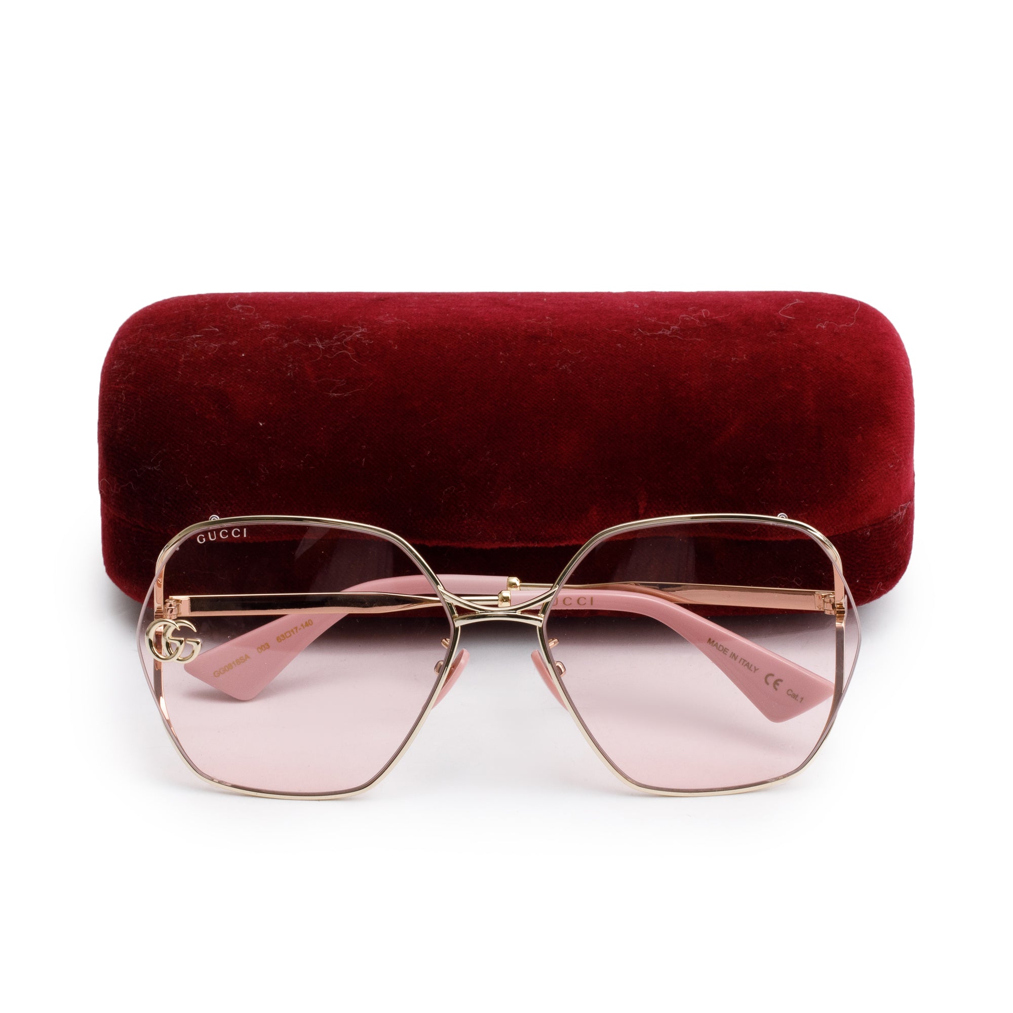 Gucci GG0818SA Pink Acetate Gold Tone GG Logo Geometric Sunglasses w/ Case