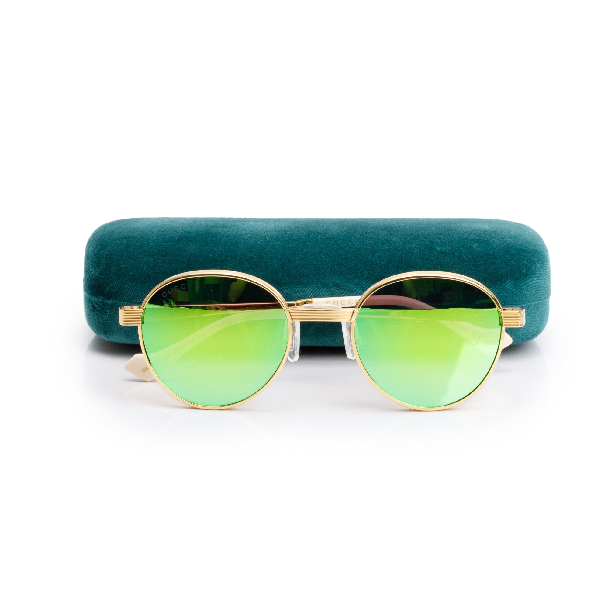 Gucci GG0872S Gold Tone Metal White Acetate Green Round Sunglasses w/ Case