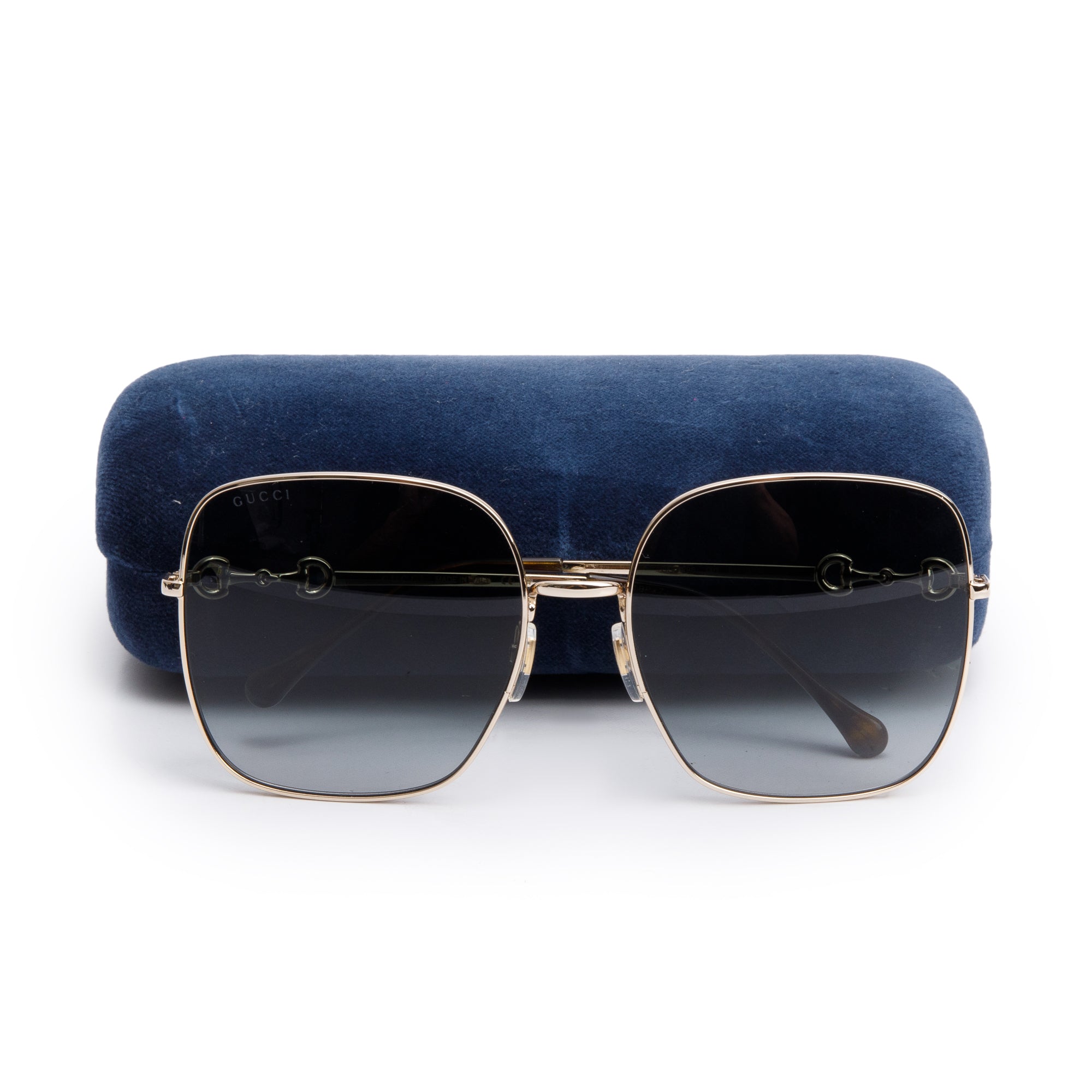 Gucci GG0879S Rose Gold Tone Metal Havana Acetate Horsebit Oversize Square Sunglasses w/ Case