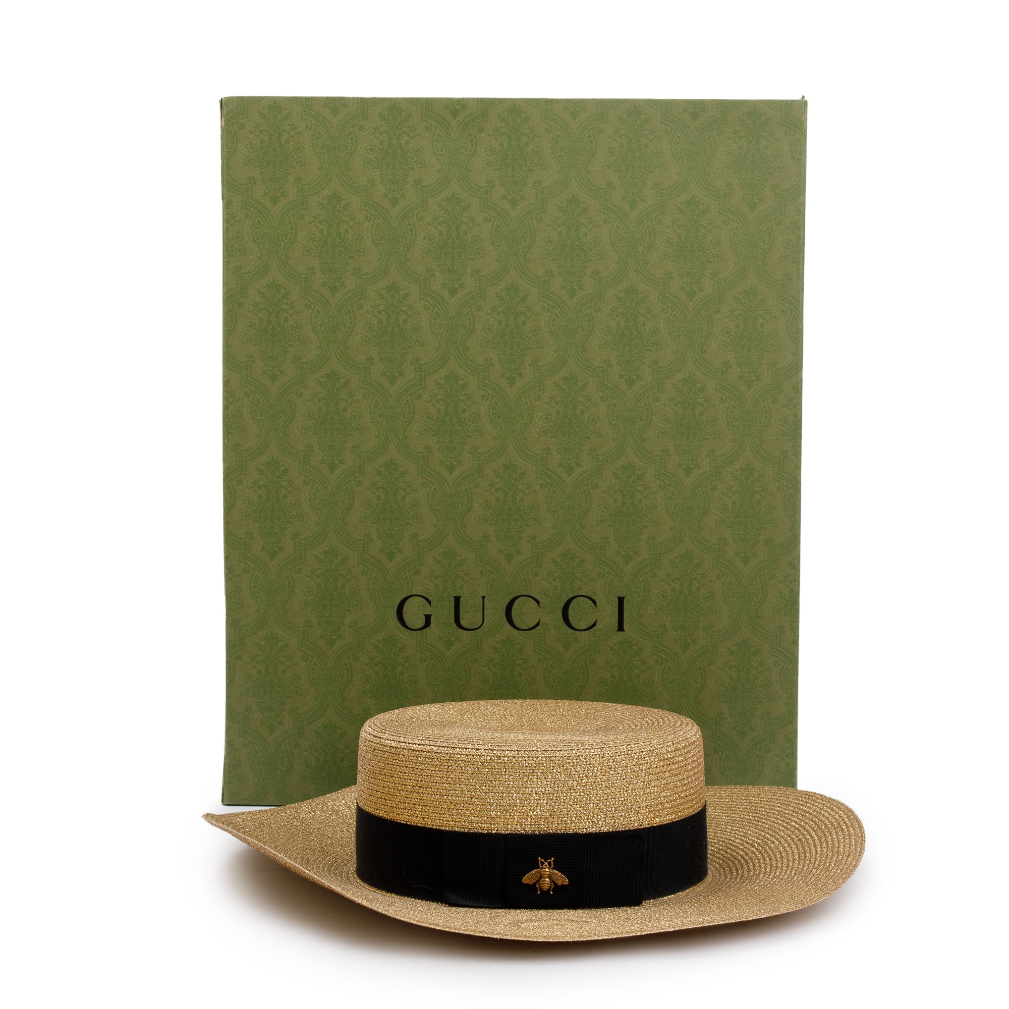 Gucci Gold & Black Lame Woven Paper Hat with Black Grosgrain Ribbon, Size M 57 w/ Box