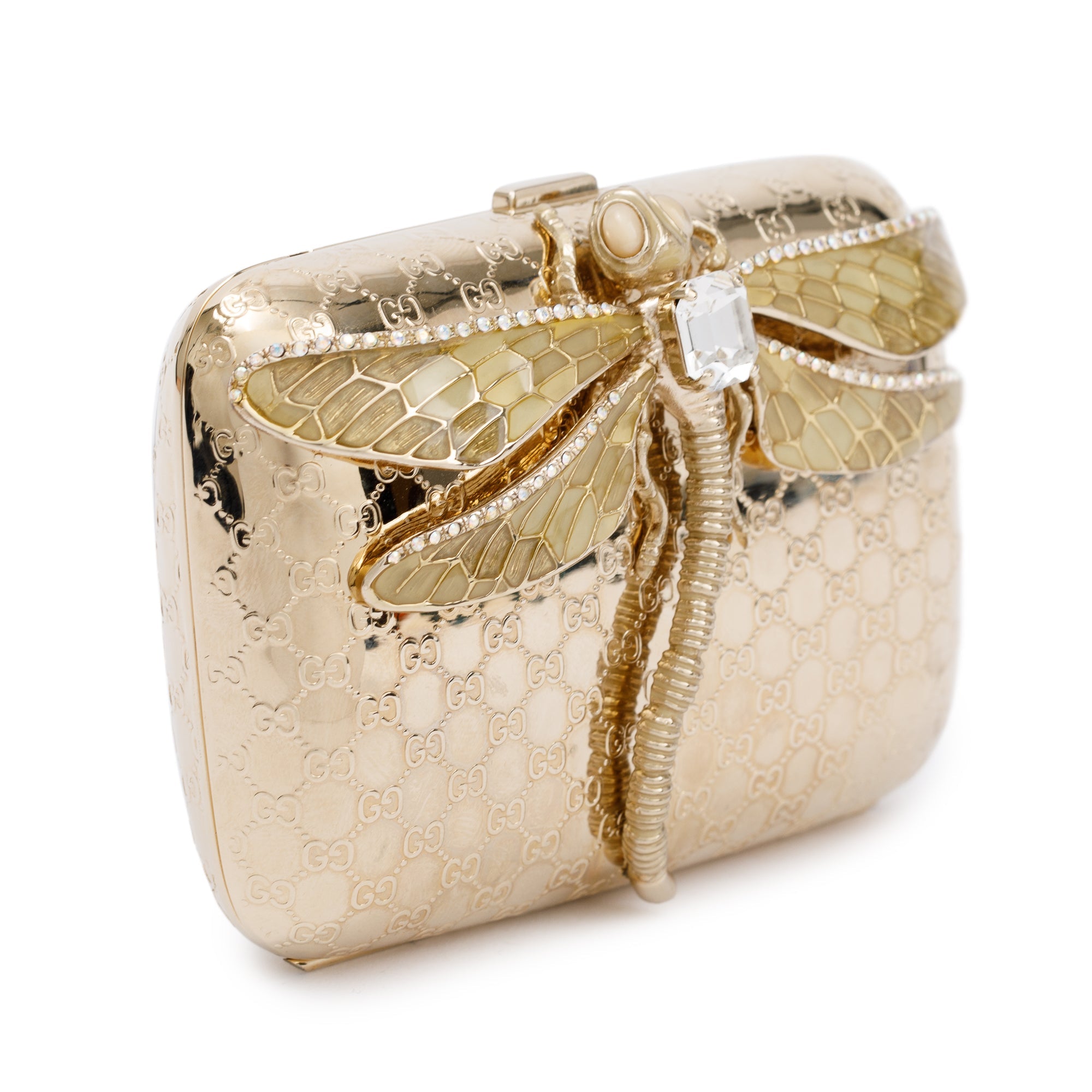 Gucci Gold Metal Microguccissima Crystal Embellished Dragonfly Minaudiere Mini Chain Clutch