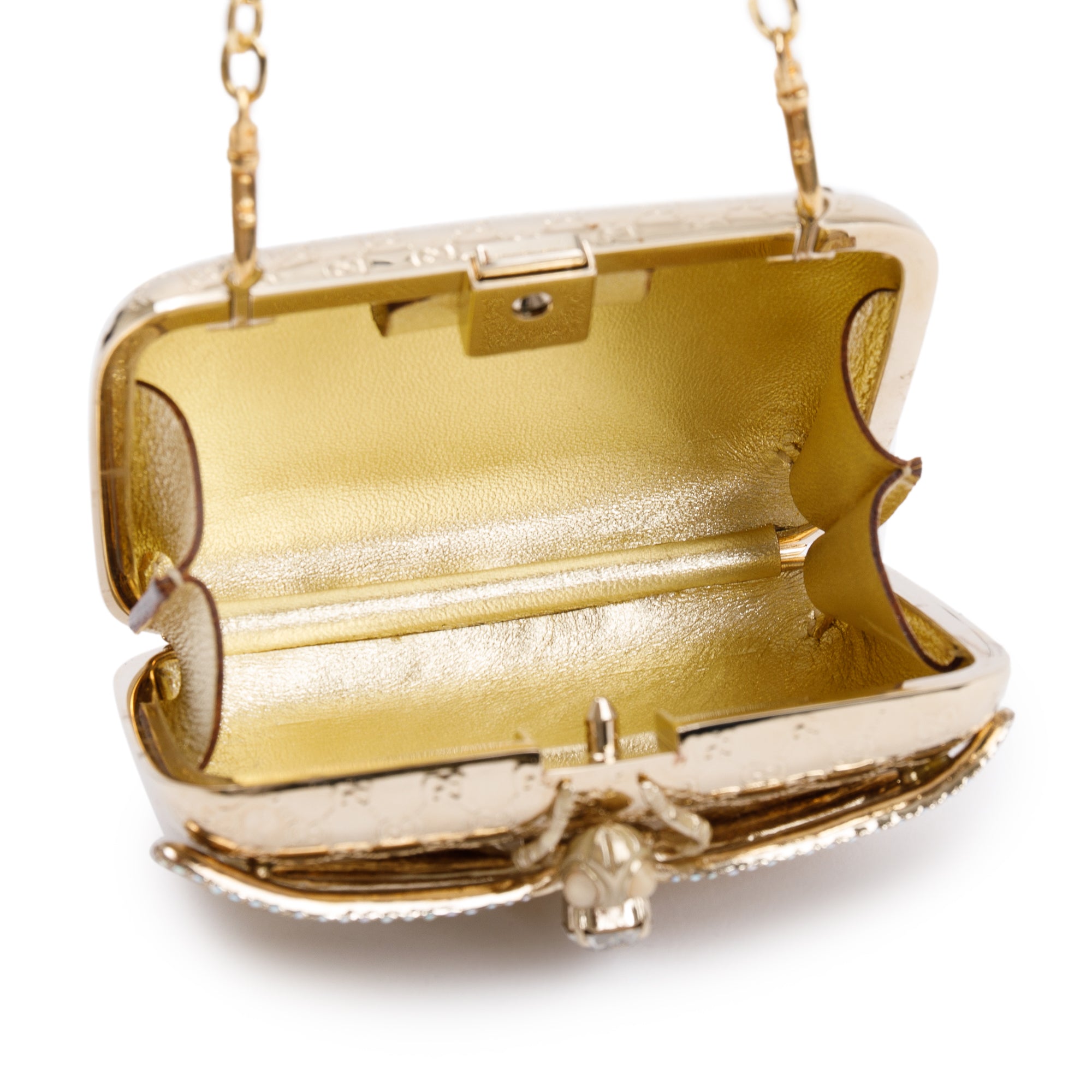 Gucci Gold Metal Microguccissima Crystal Embellished Dragonfly Minaudiere Mini Chain Clutch