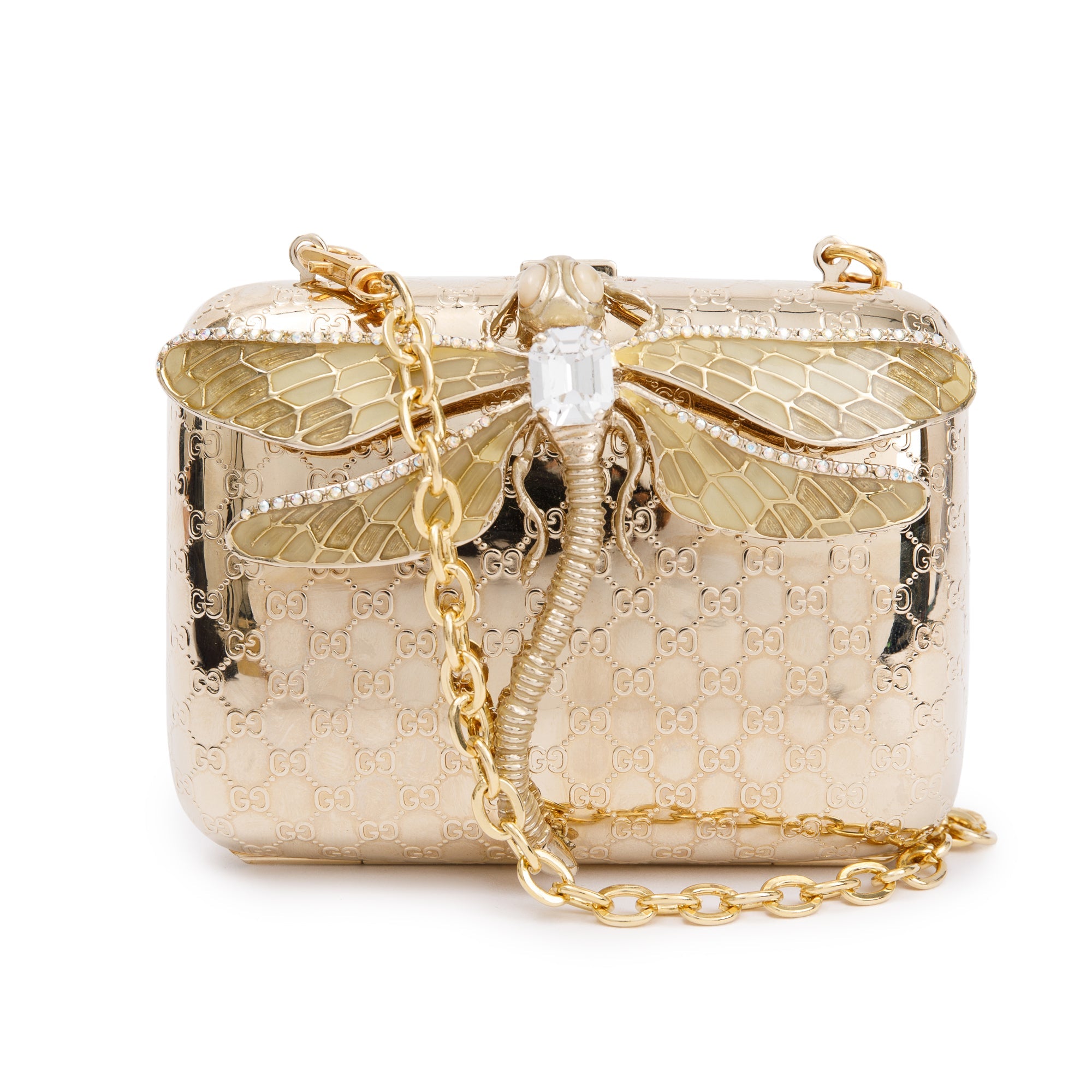 Gucci Gold Metal Microguccissima Crystal Embellished Dragonfly Minaudiere Mini Chain Clutch