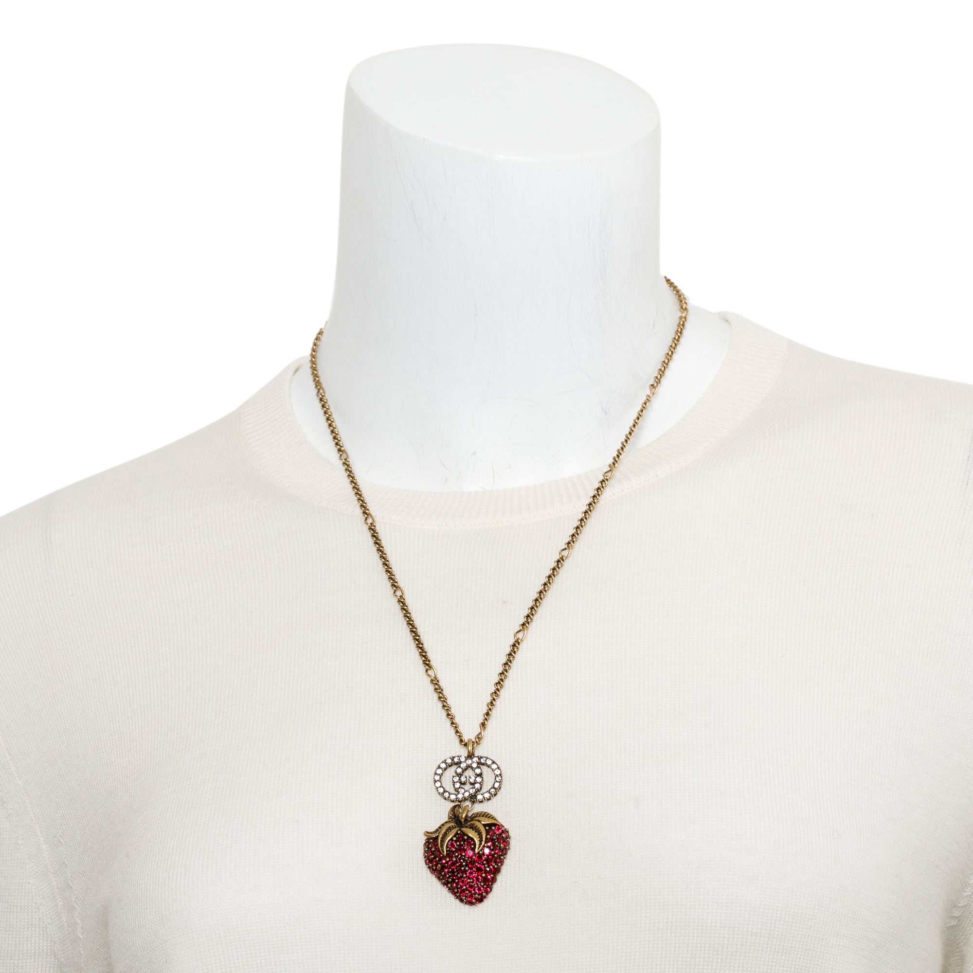 Gucci Gold-Plated Crystal Strawberry Pendant Necklace w/ Box