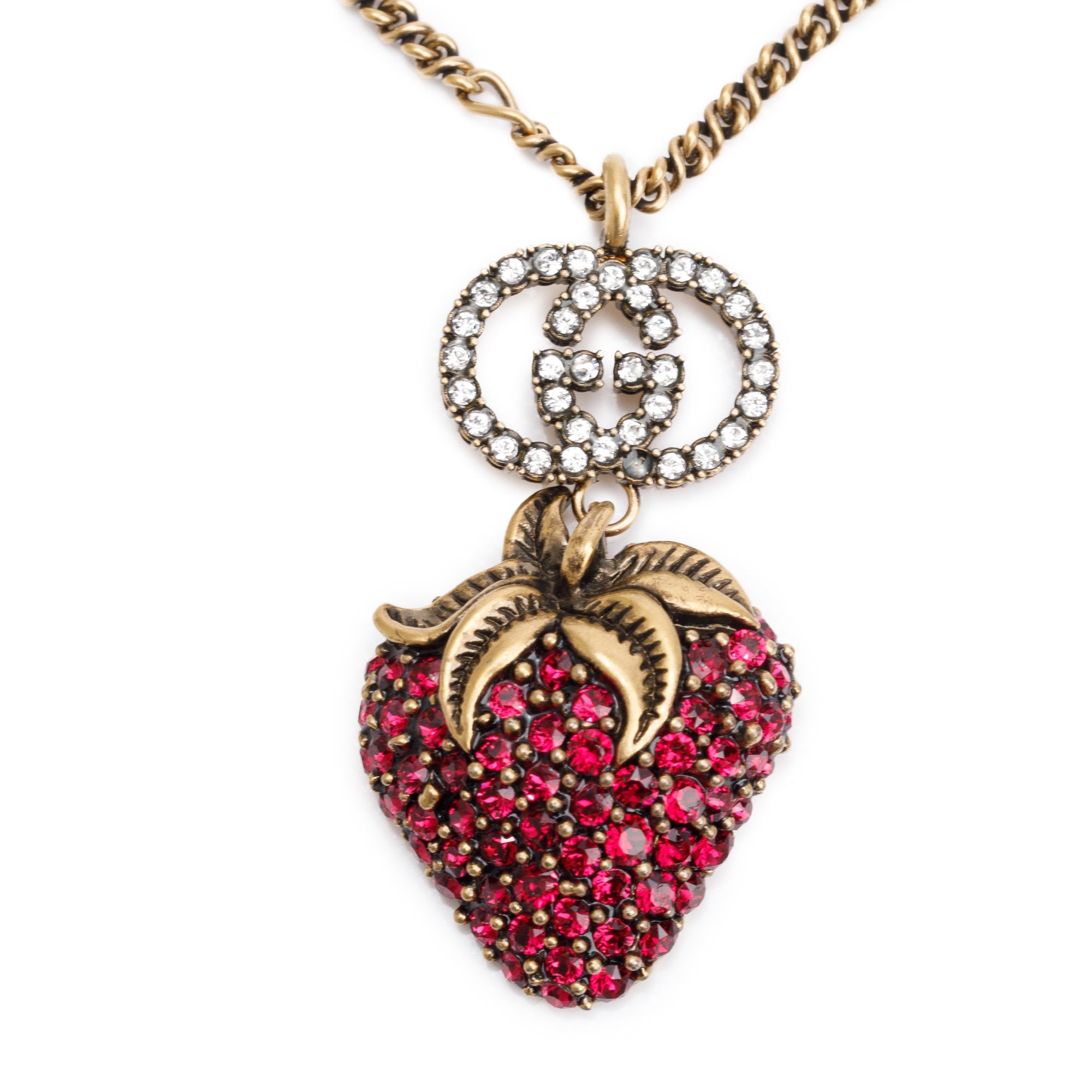 Gucci Gold-Plated Crystal Strawberry Pendant Necklace w/ Box