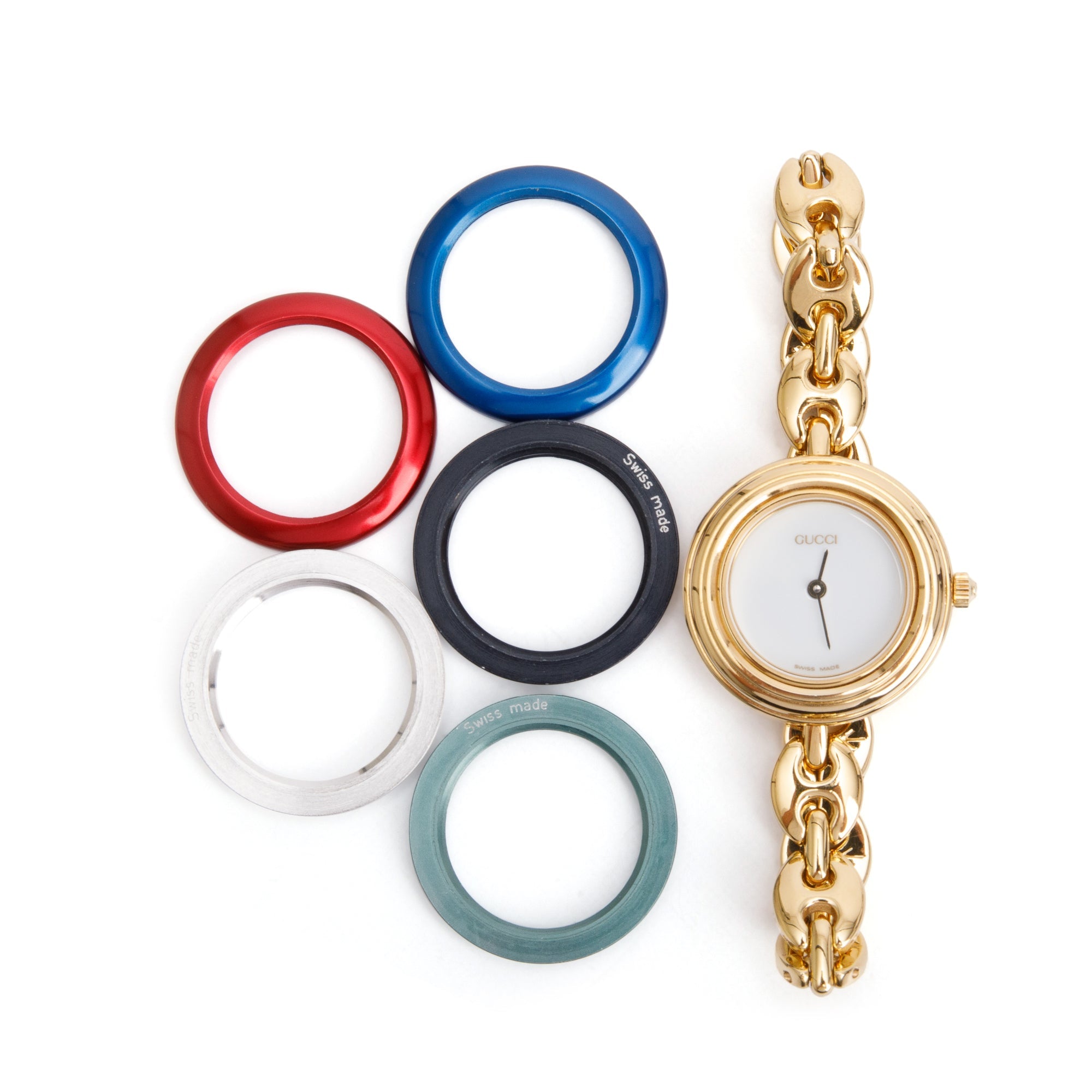 Gucci Gold Plated Stainless Steel 1100 Series 26MM Watch w 5 Multicolour Interchangeable Bezels