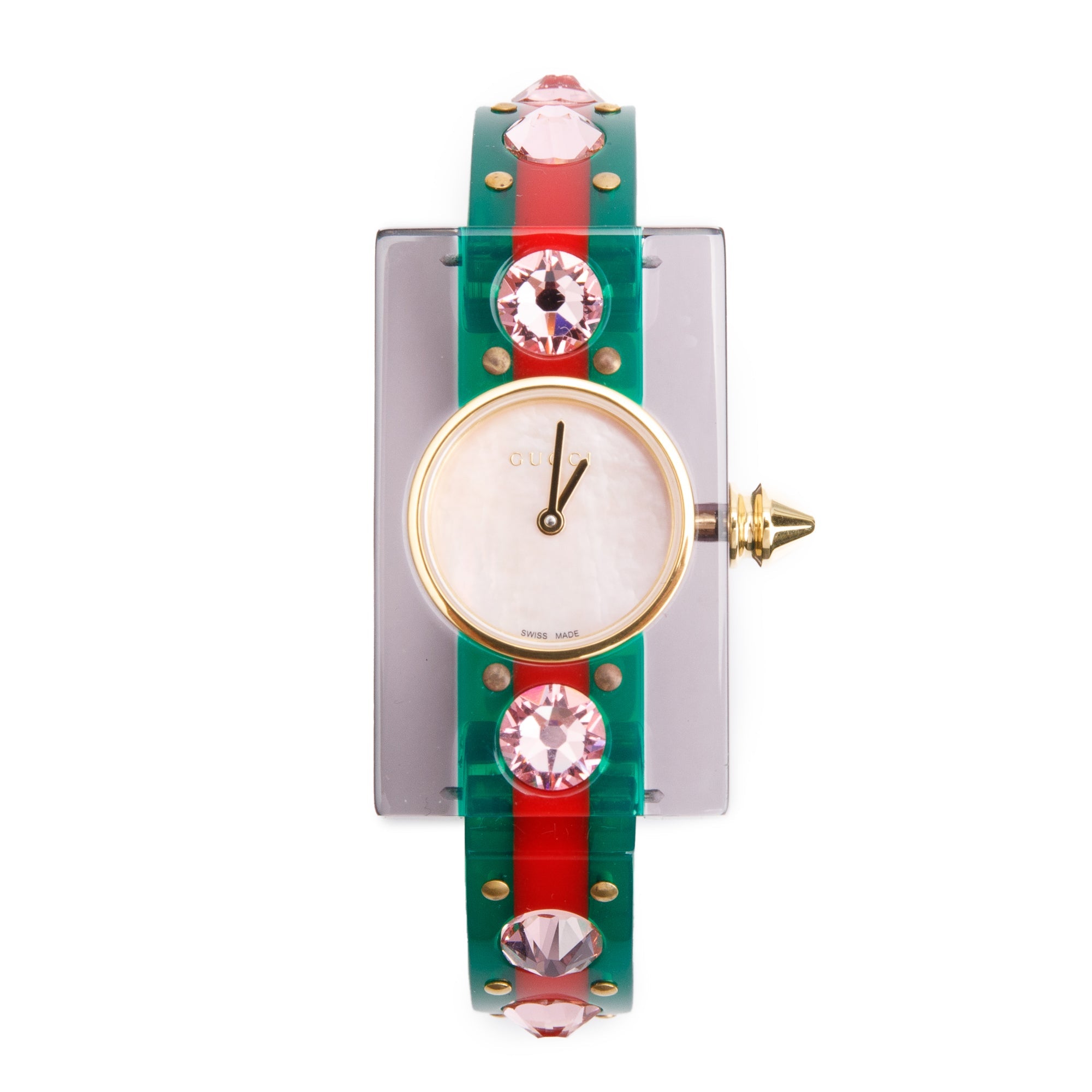 Gucci Gold Plated Stainless Steel Vintage Green & Red Web Pink Crystal & Pink Mother of Pearl Dial Watch w/ Box