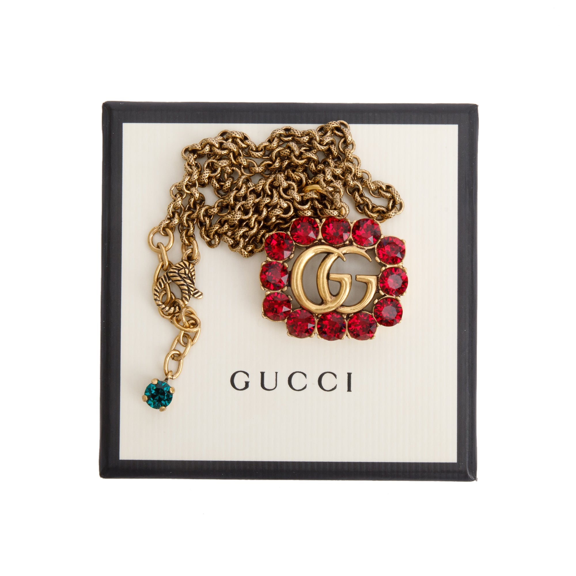 Gucci Gold-Tone Metal Crystal Double G Pendant Necklace w/ Box