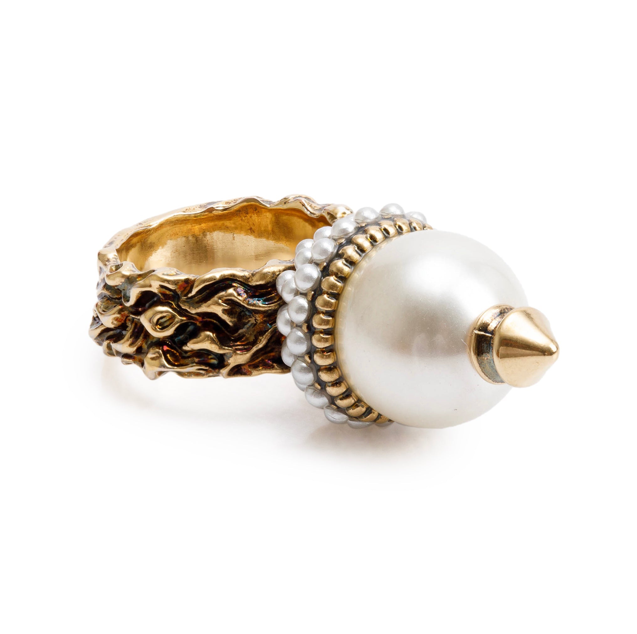 Gucci Gold Tone Metal Faux Pearl Ring, Size 10 5.25