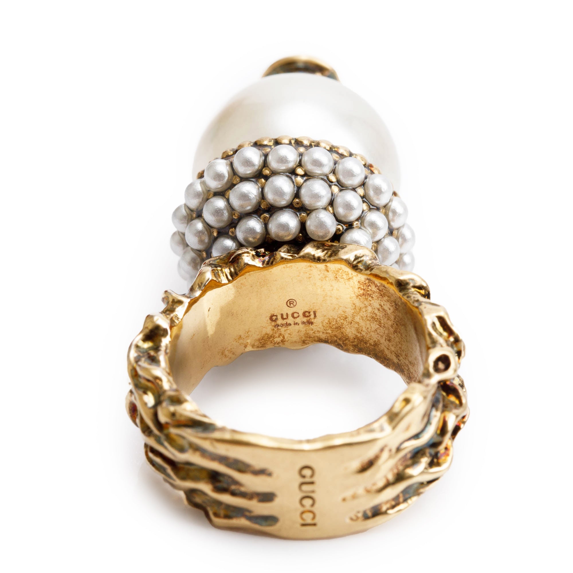 Gucci Gold Tone Metal Faux Pearl Ring, Size 10 5.25
