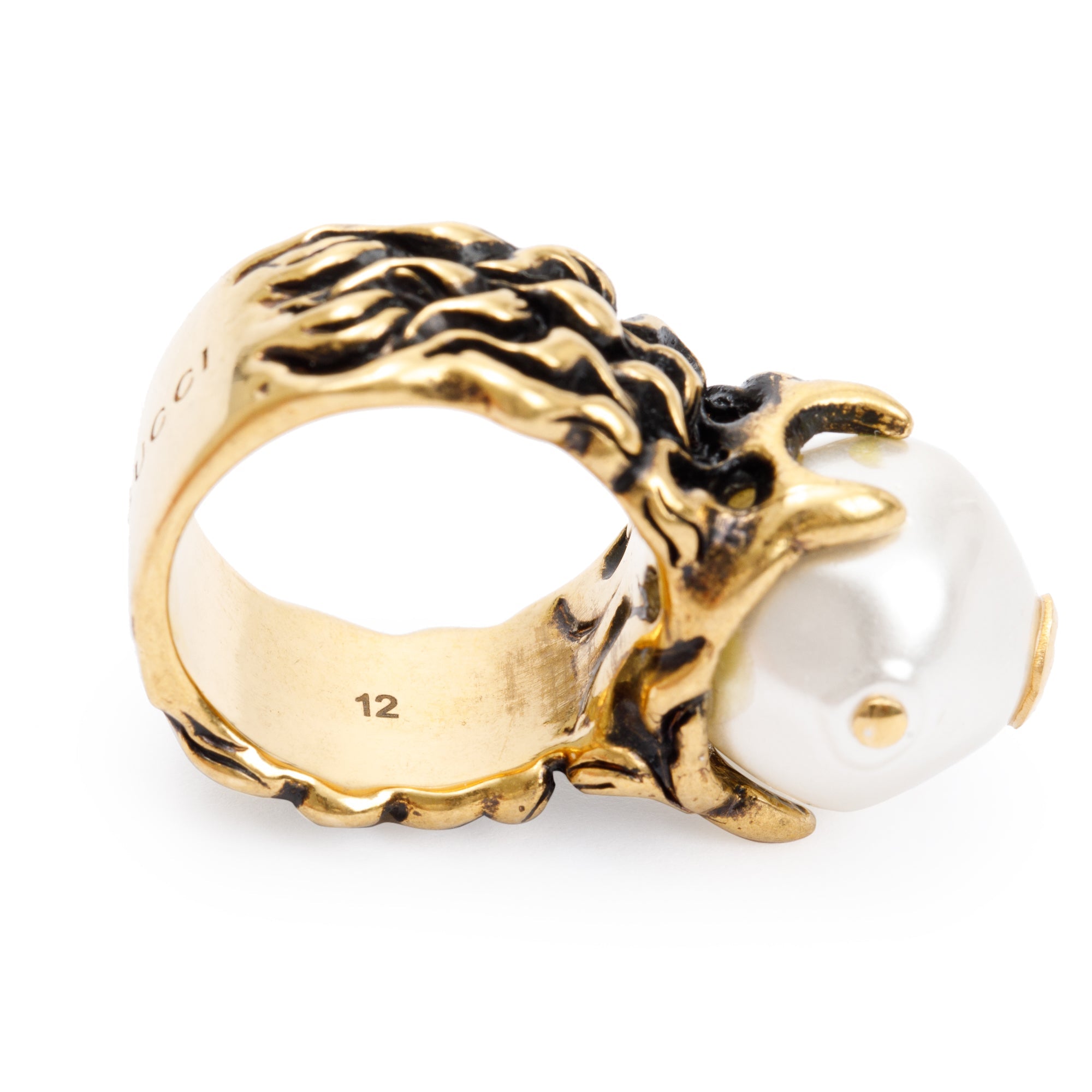 Gucci Gold Tone Metal Faux Pearl Ring, Size 12 6.5