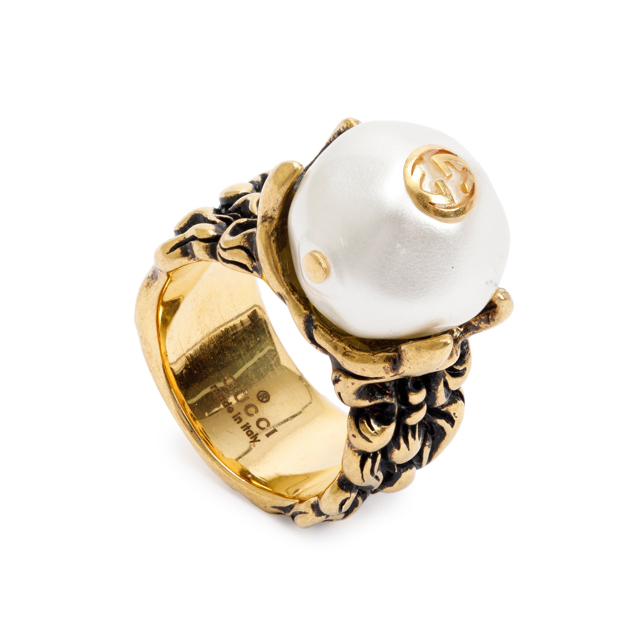 Gucci Gold Tone Metal Faux Pearl Ring, Size 12 6.5